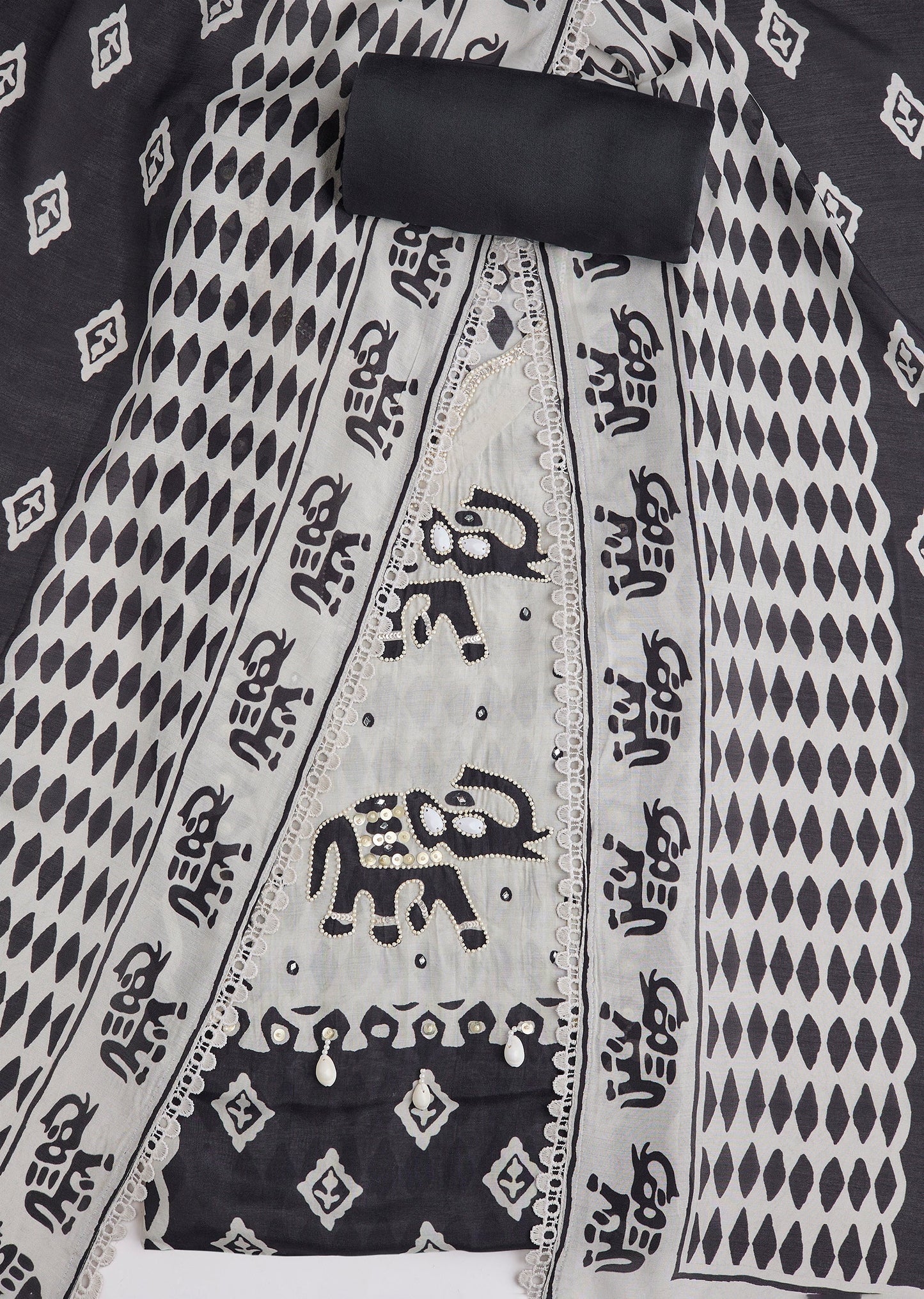 Black Printed Chanderi Unstitched Suit Set With Dupatta