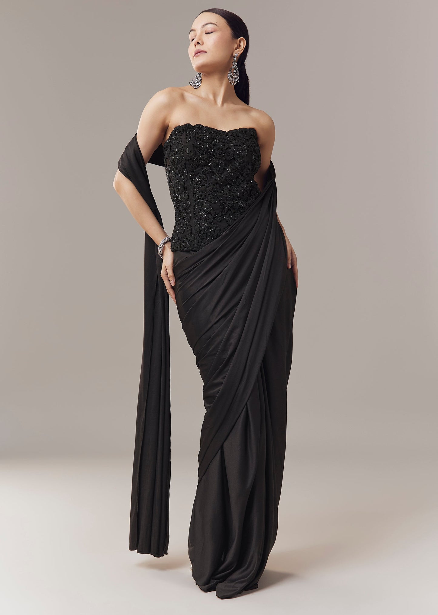 Black Ready Pleated Corset Saree With Thread And Cut Dana Work