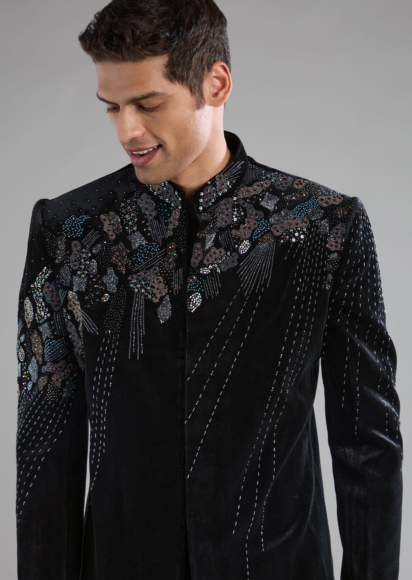 Black Velvet Indowestern Pant Set with Zardozi Work