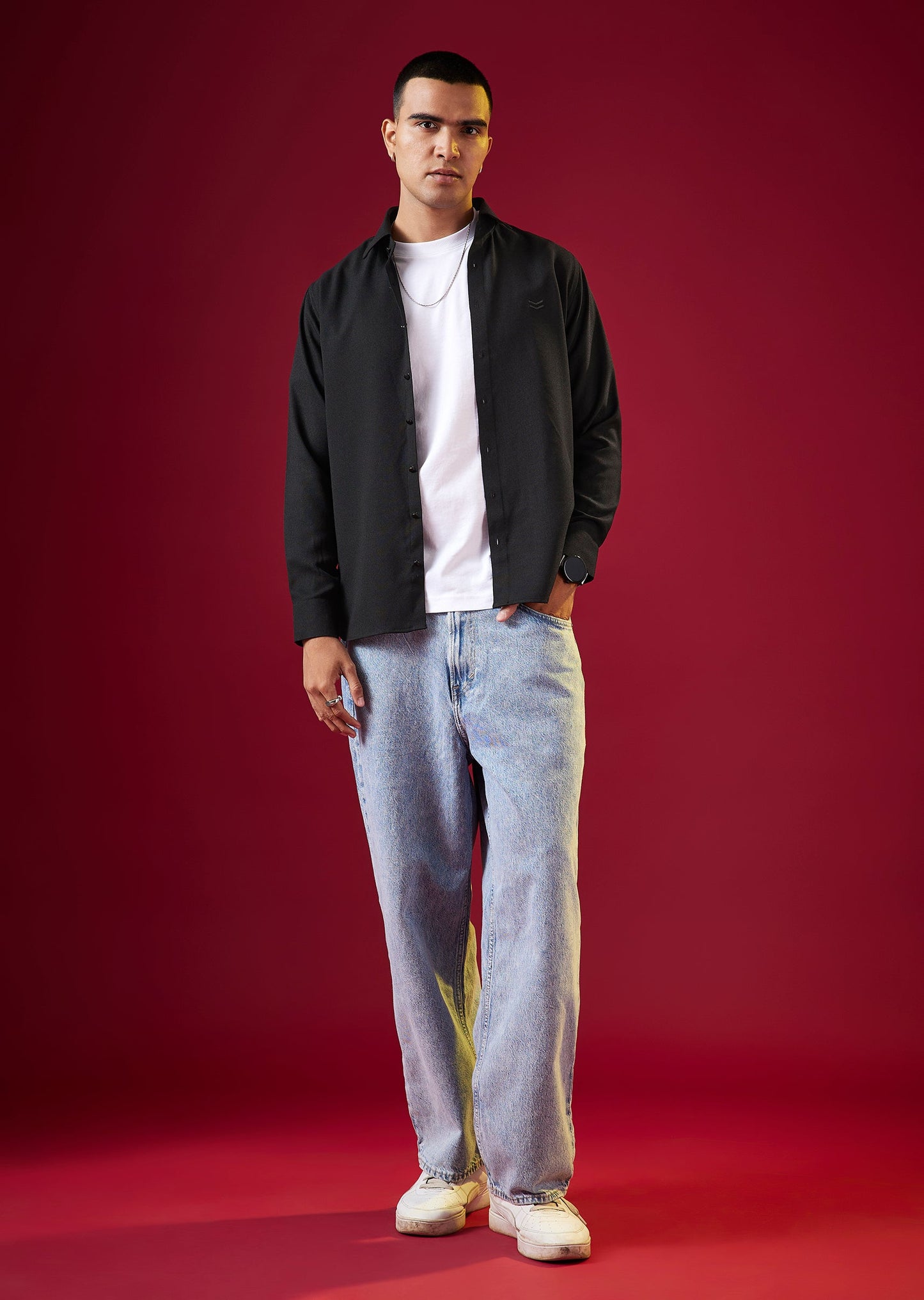 Black Viscose Mandarin Collar Mens Shirt