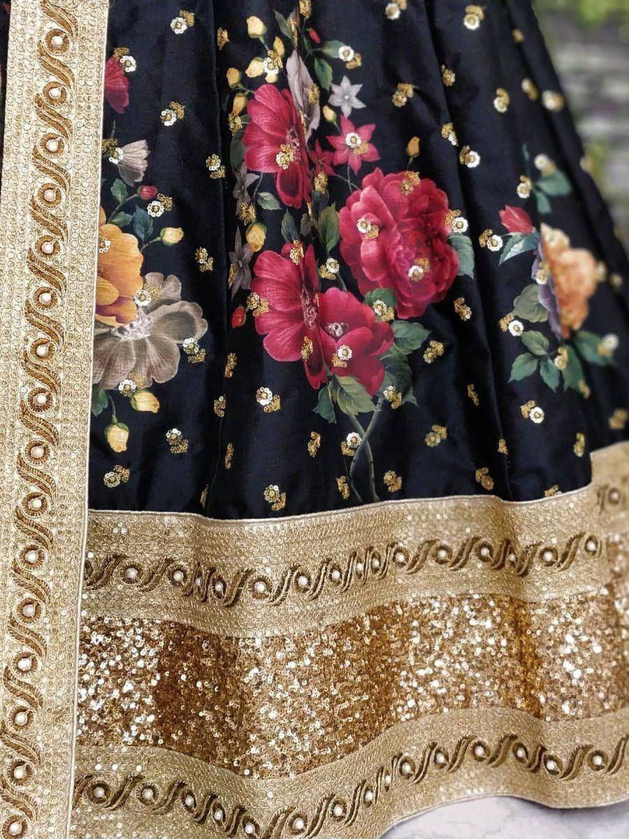 Tulsi Art Black Floral Digital Printed Art Silk Bridal Lehenga Choli