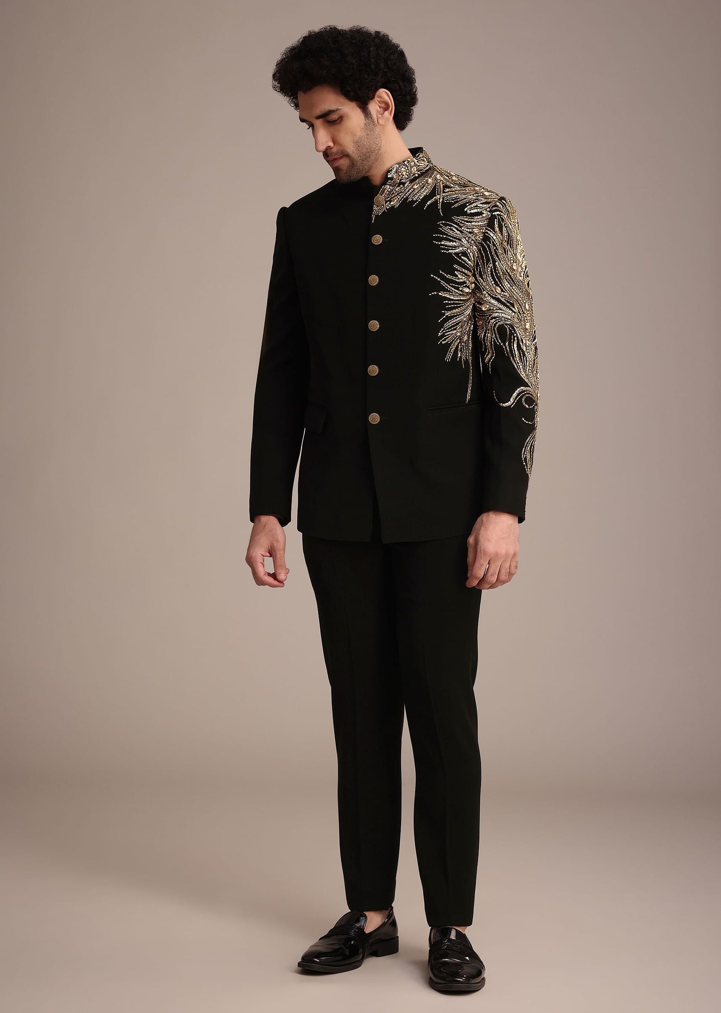 Black Crepe Tuxedo Suit With Hand Work