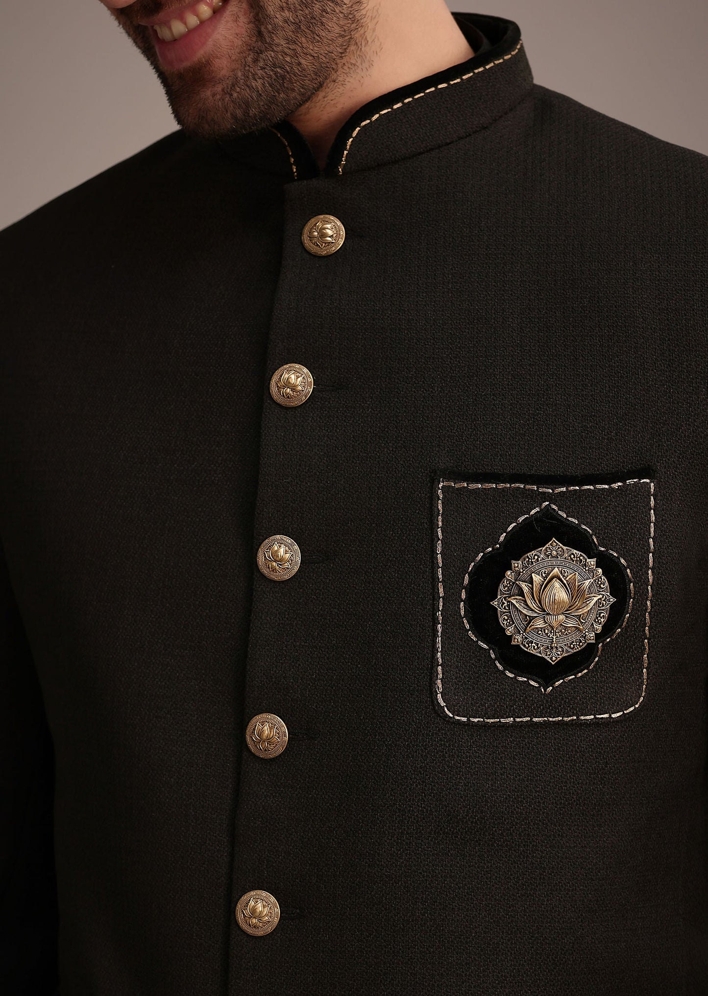 Black Silk Kurta Jacket Set With Patch Work Broach