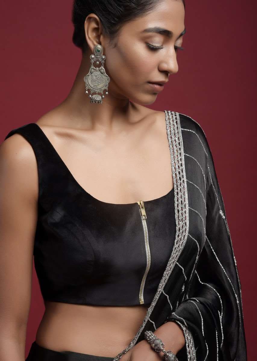 Black Sleeveless Blouse With Front Zip Opening