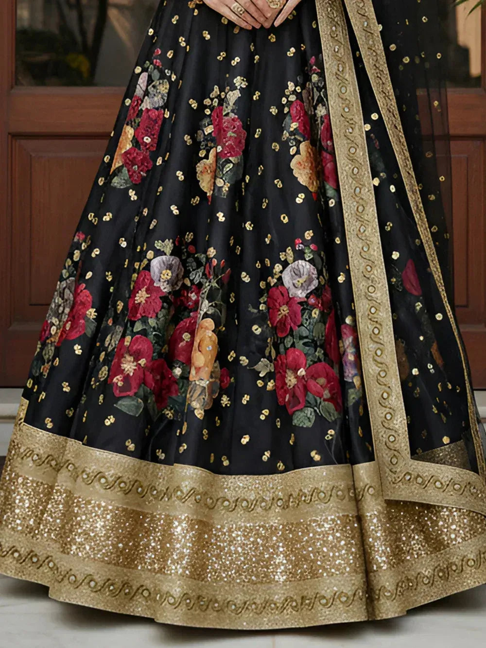 Tulsi Art Lovable Black Floral Printed Silk Reception Wear Lehenga Choli With Dupatta