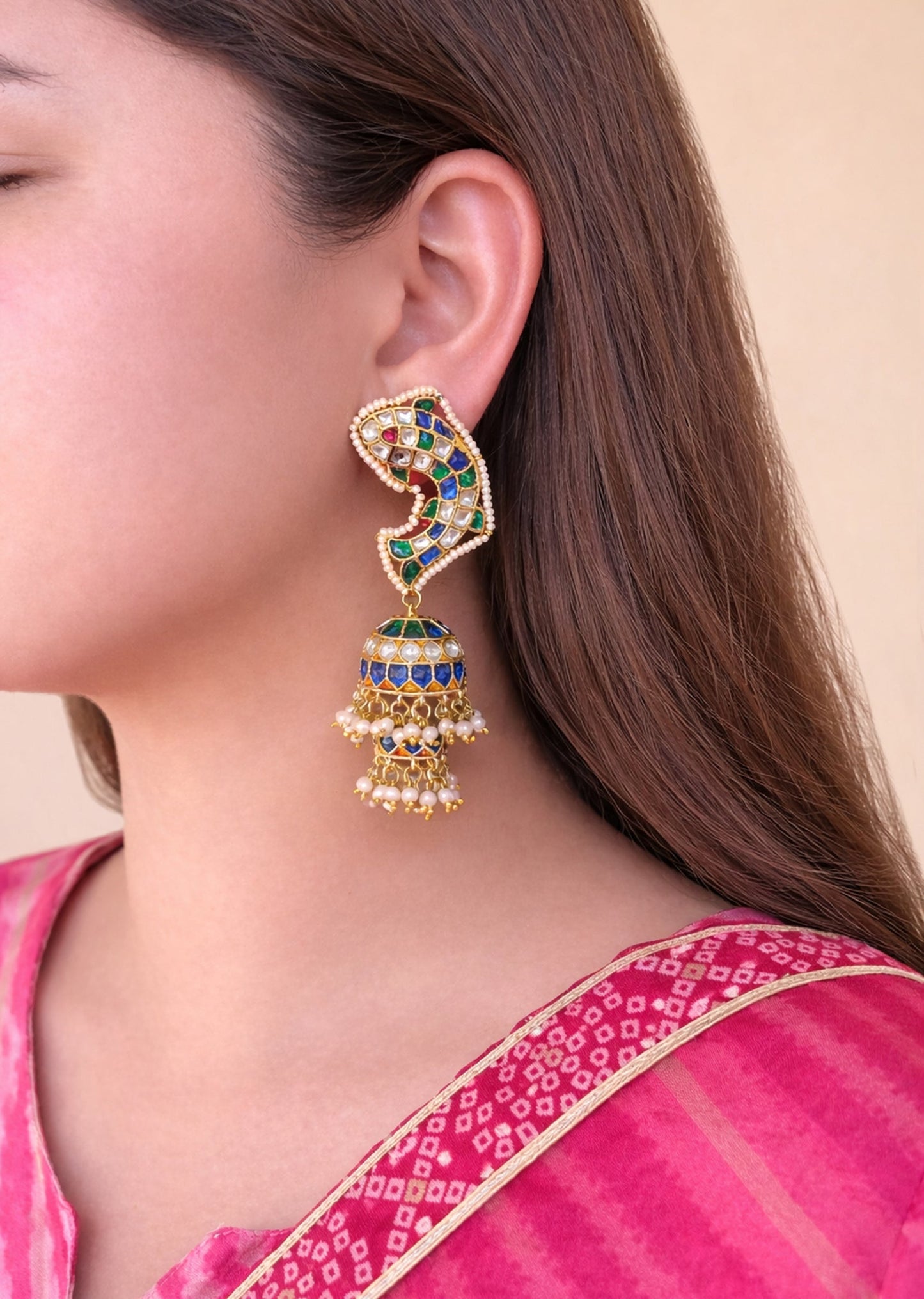 Blue And Green Kundan Jhumki Earrings