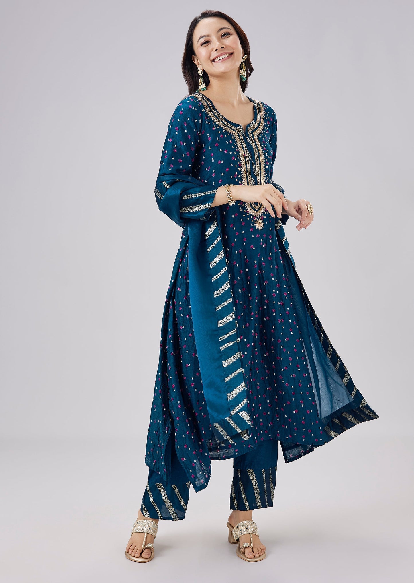 Blue Banarasi Bandhani Kurta Set With Dupatta