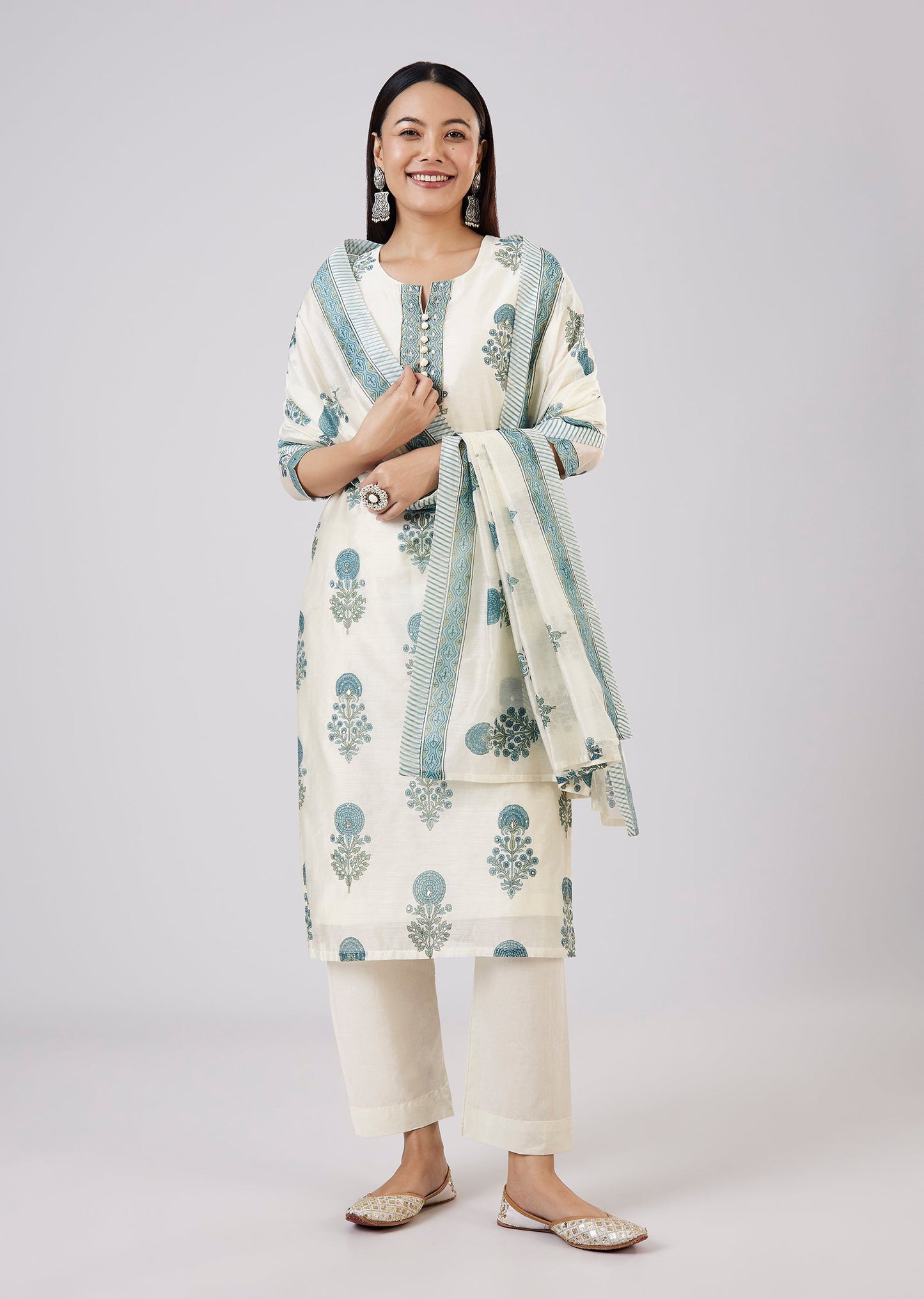 Blue Chanderi Hand Block Print With Embroidered Kurta