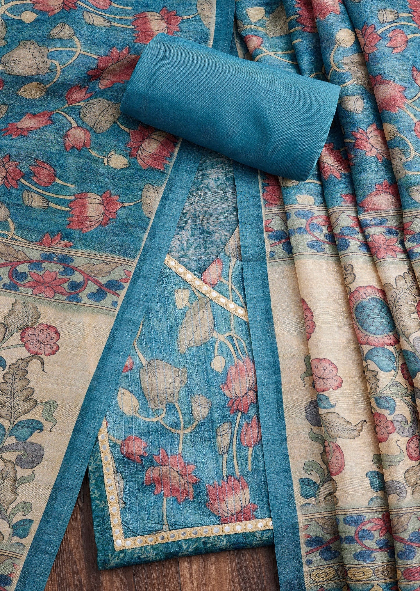 Blue Dola Silk Printed Unstitched Suit