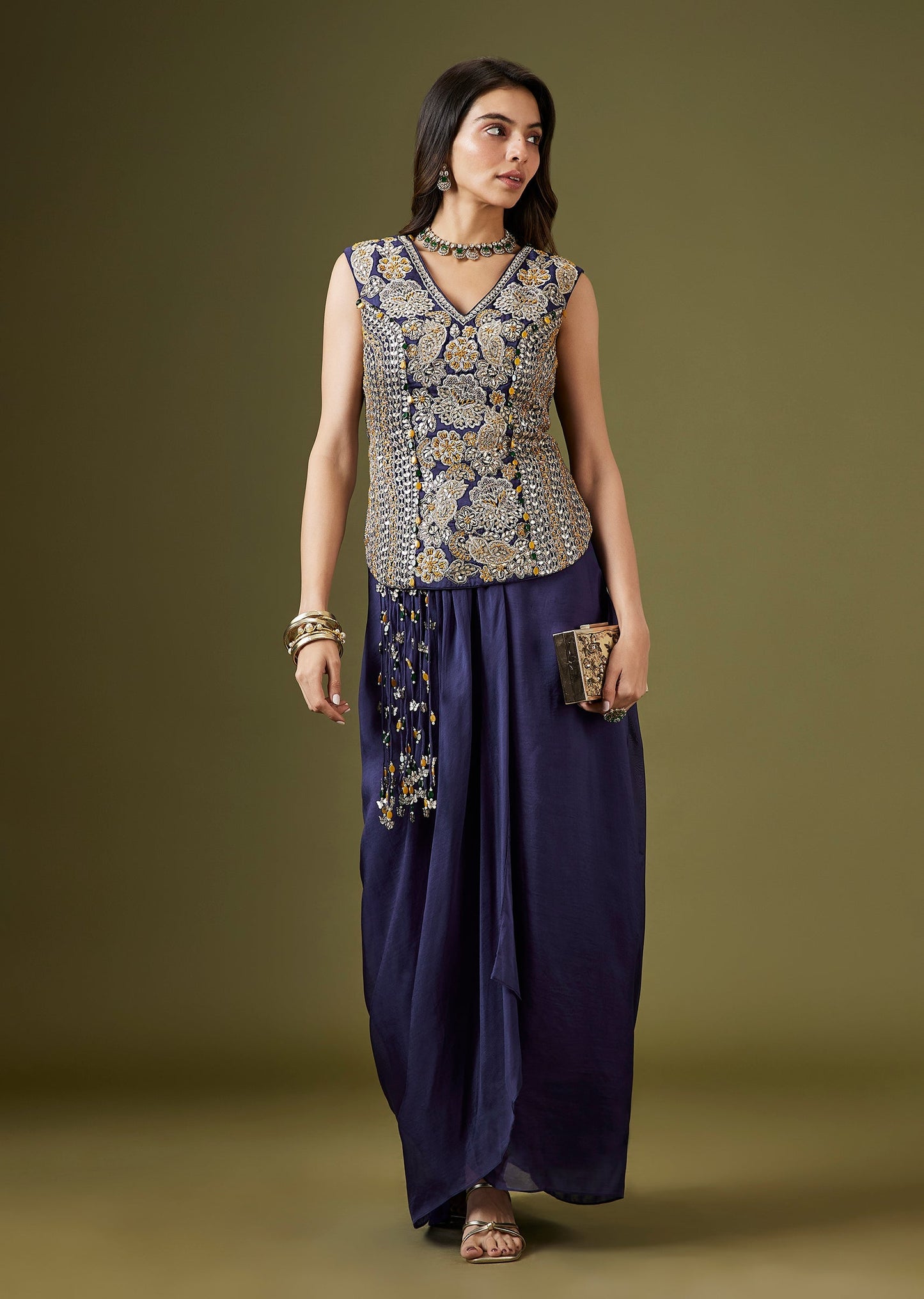 Blue Embroidered Crop Top Drape Skirt Set