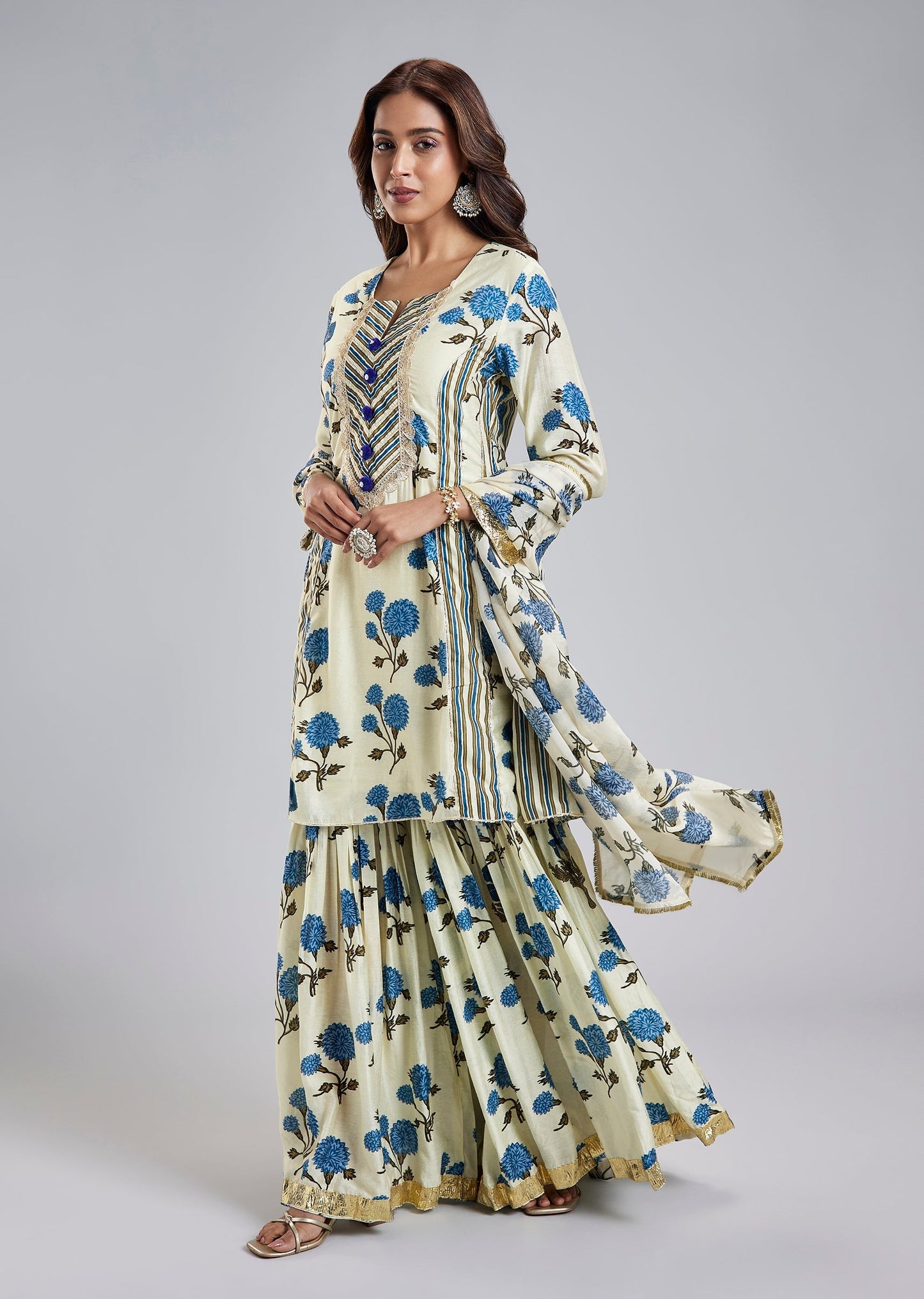 Blue Floral Printed Sharara Set With Gotta Lace Work And Dupatta