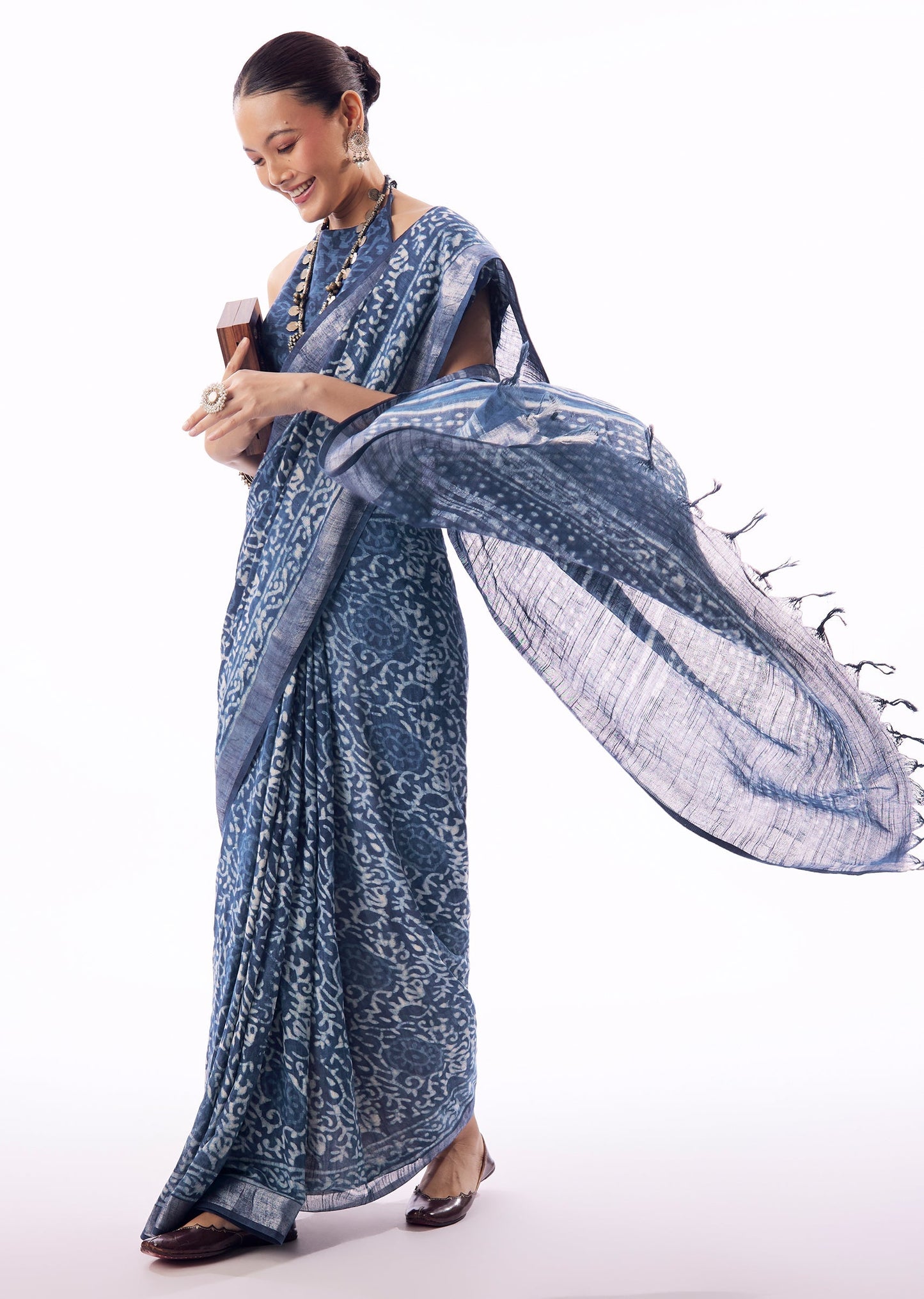 Blue Linen Handblock Printed Saree With Chanderi Border