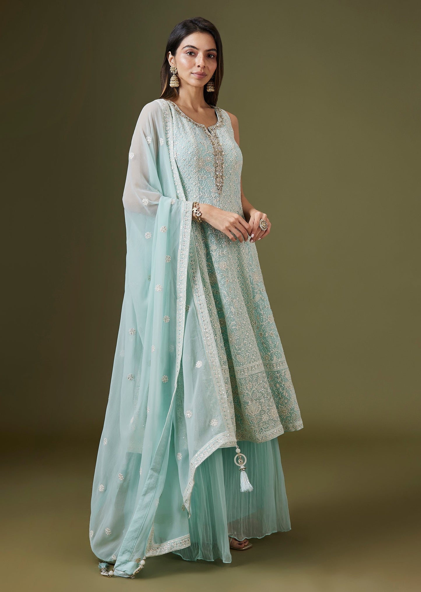 Powder Blue Lucknowi Georgette Palazzo Set With Tassled Dupatta