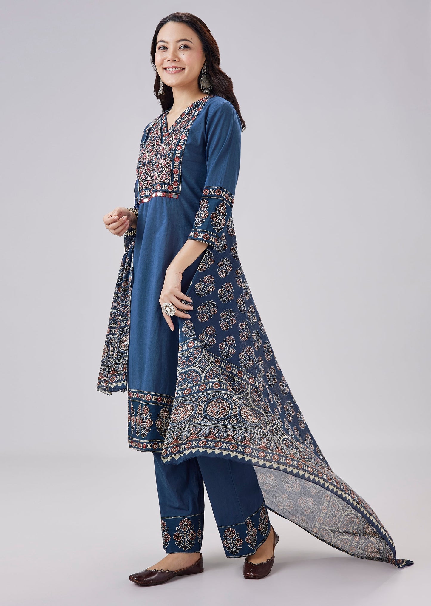Blue Mirror Work Cotton Kurta Set With Dupatta