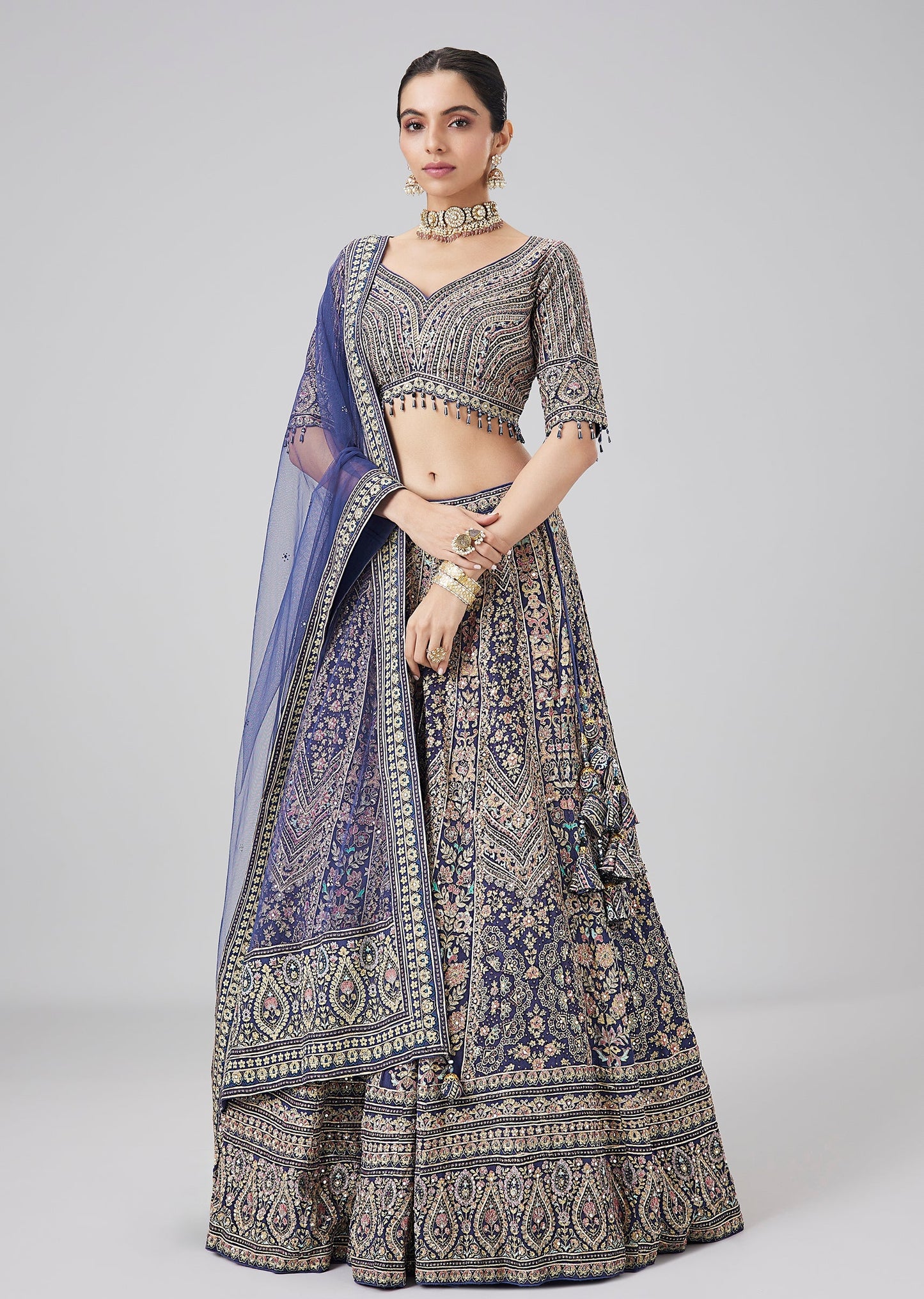 Blue Printed Gotta Work Lehenga Set With Dupatta