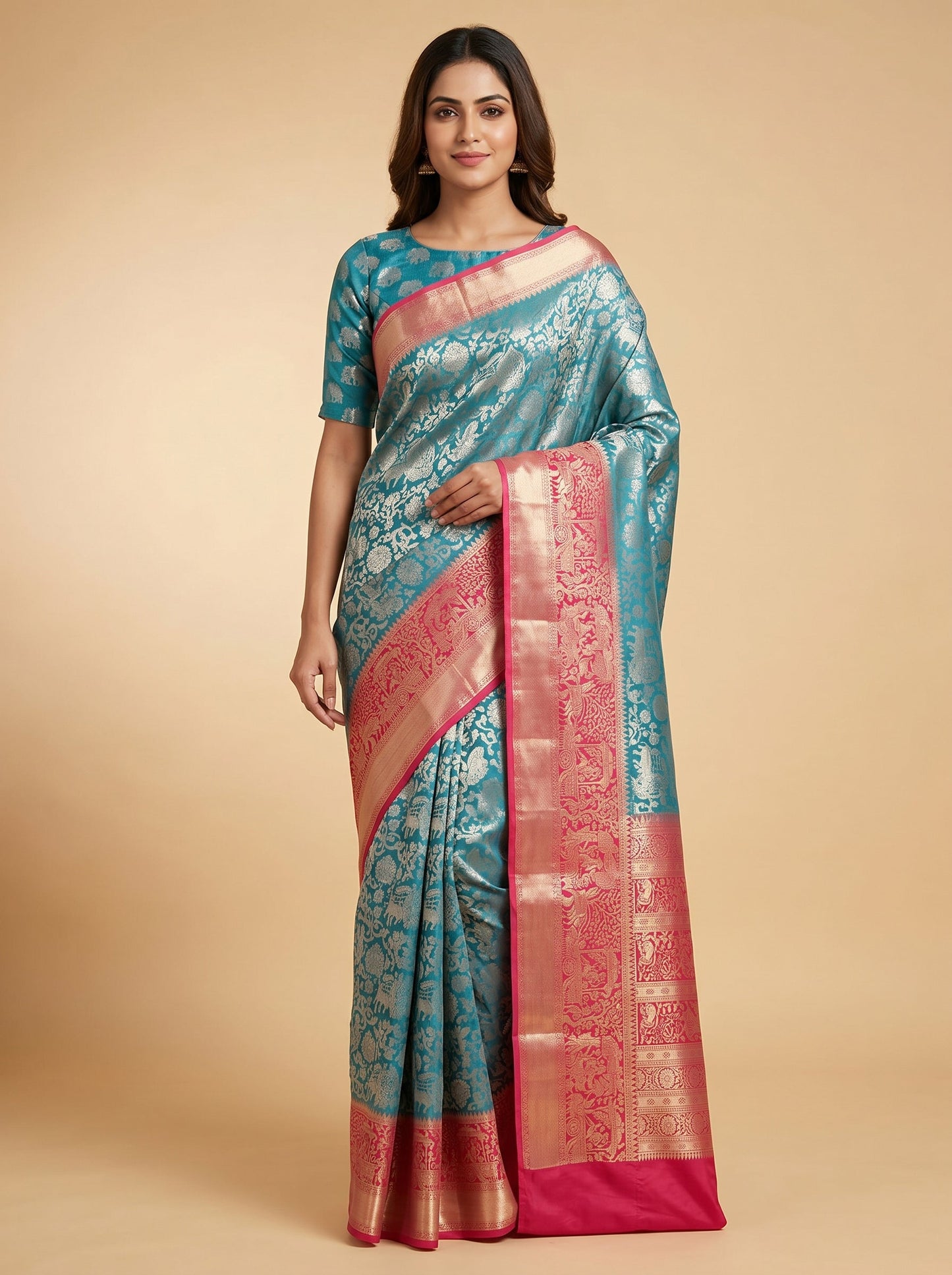 Blue Red Dual Contrast Weave Handloom Saree