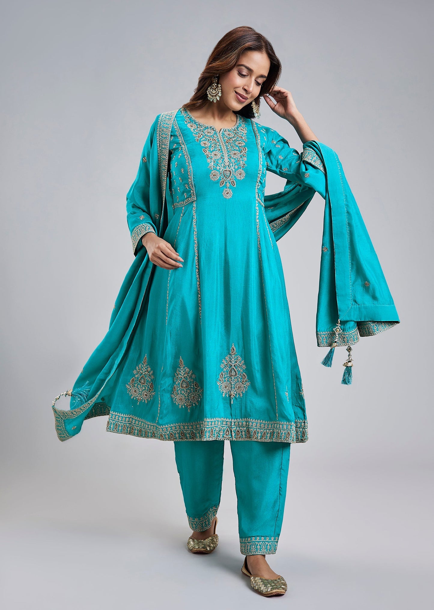 Blue Russian Silk Short Anarkali Set With Zari Bead Embroidery And Dupatta