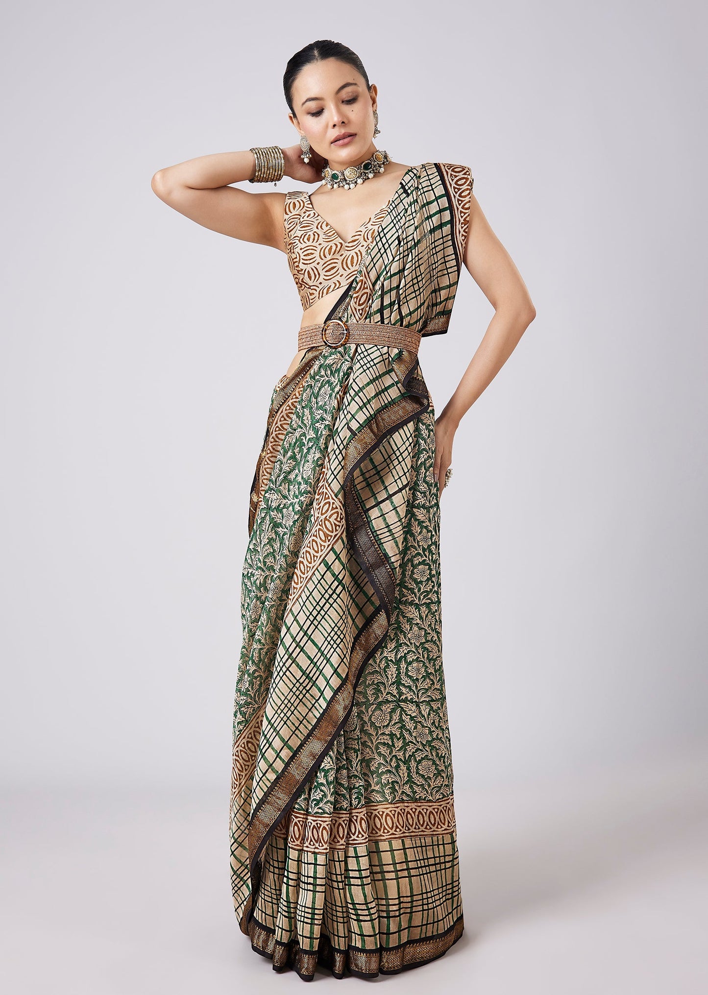 Blue Saree with Block Print Motifs and Unstitched Blouse