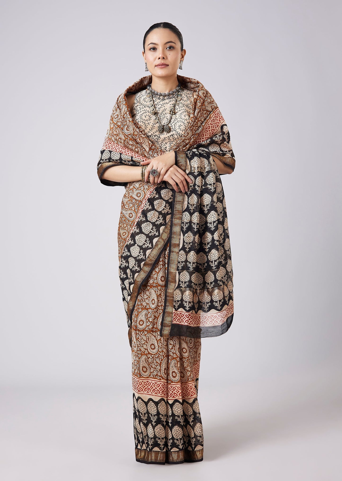 Blue Saree with Block Prints and Unstitched Blouse