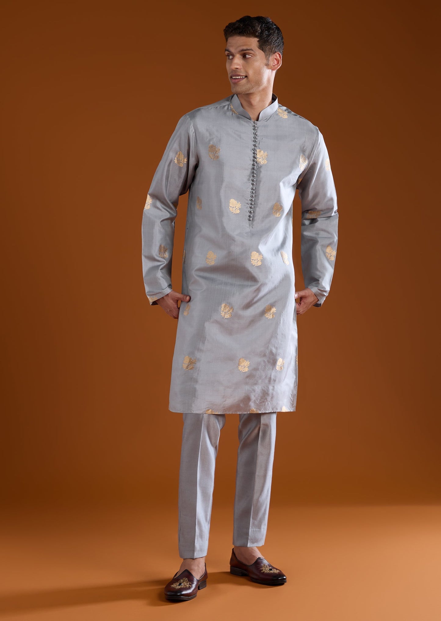 Blue Sequin Work Banarasi Silk Kurta Pant Set