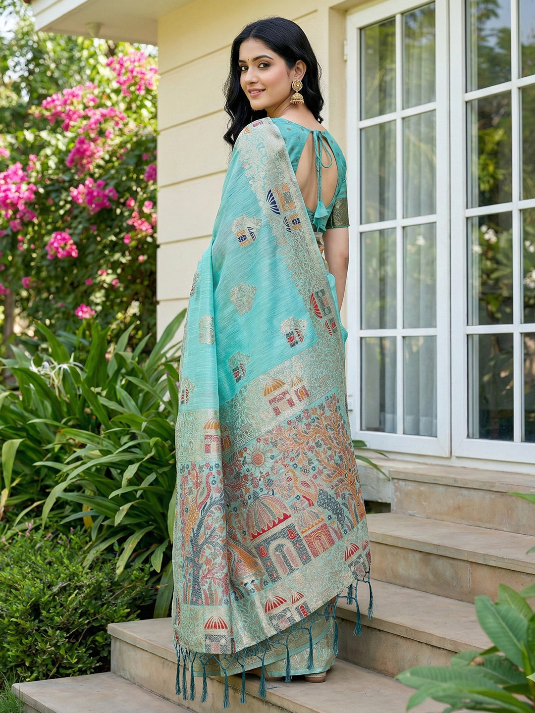 Anaita Blue Linen Cotton Woven Saree With Blouse