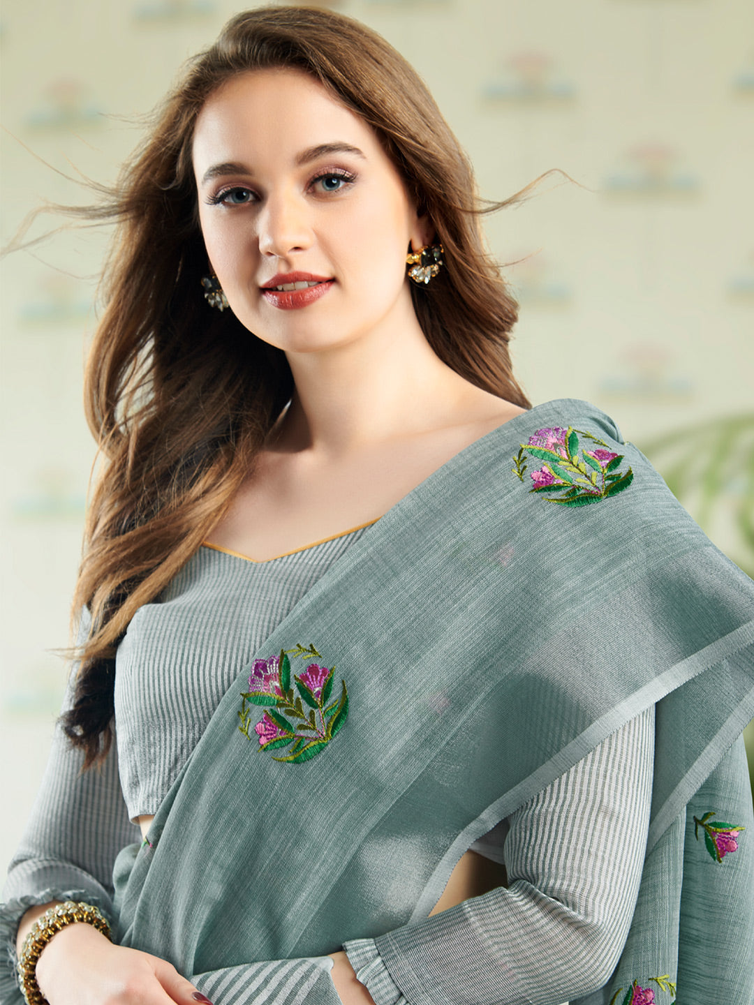 Anaita Blue Linen Embroidery Saree With Blouse