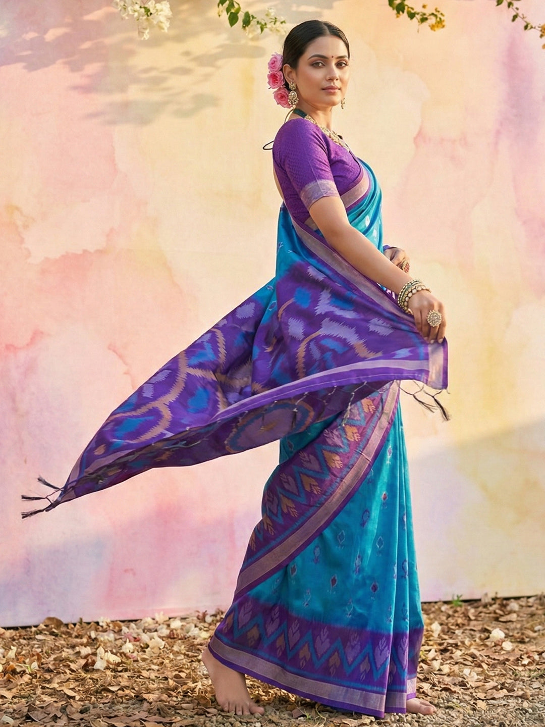 Anaita Blue Soft Silk Printed Saree With Blouse