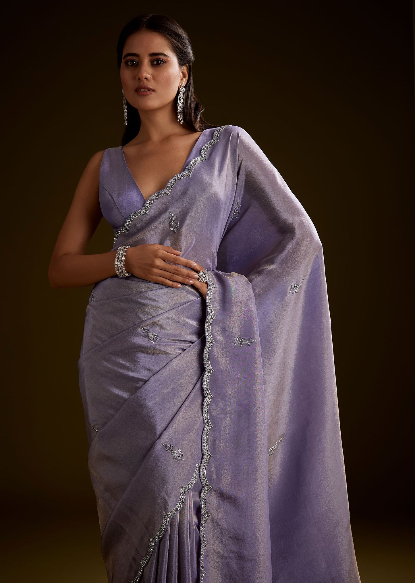 Blush Grey Tissue Saree With Cutdana And Sequins Embroidery And Scallop Border