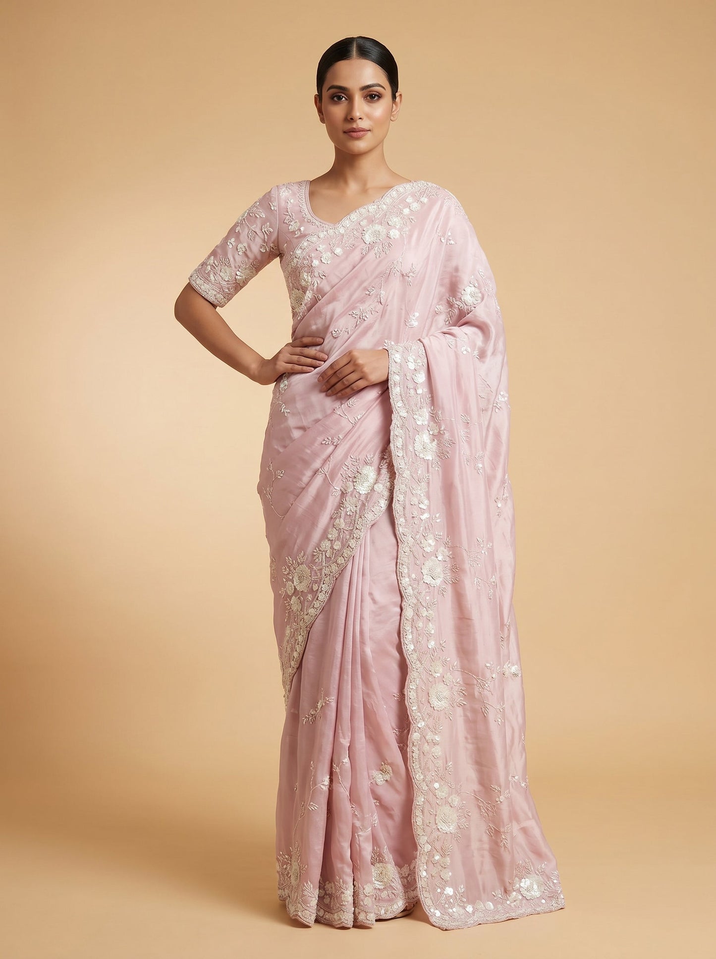 Blush Satin Embroidered Saree