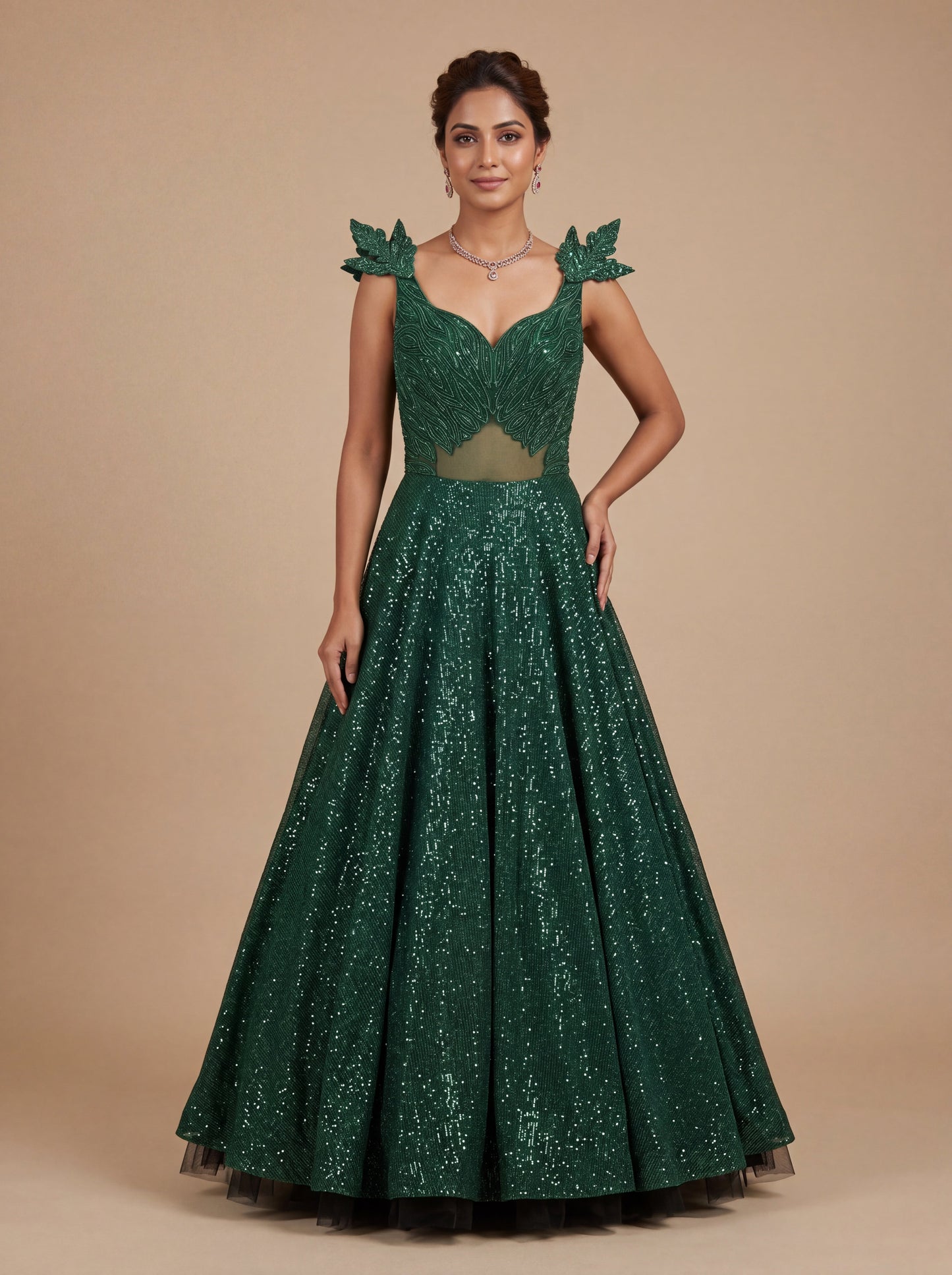 Bottle Green Contemporary Gown With Sleek Fit Flared Hem