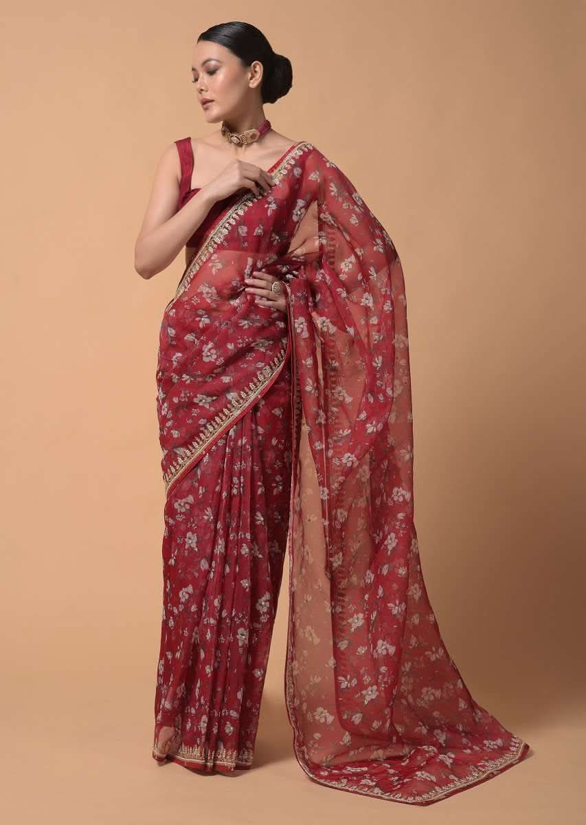 Brick Red Saree In Organza With Floral Print And Moti Accents