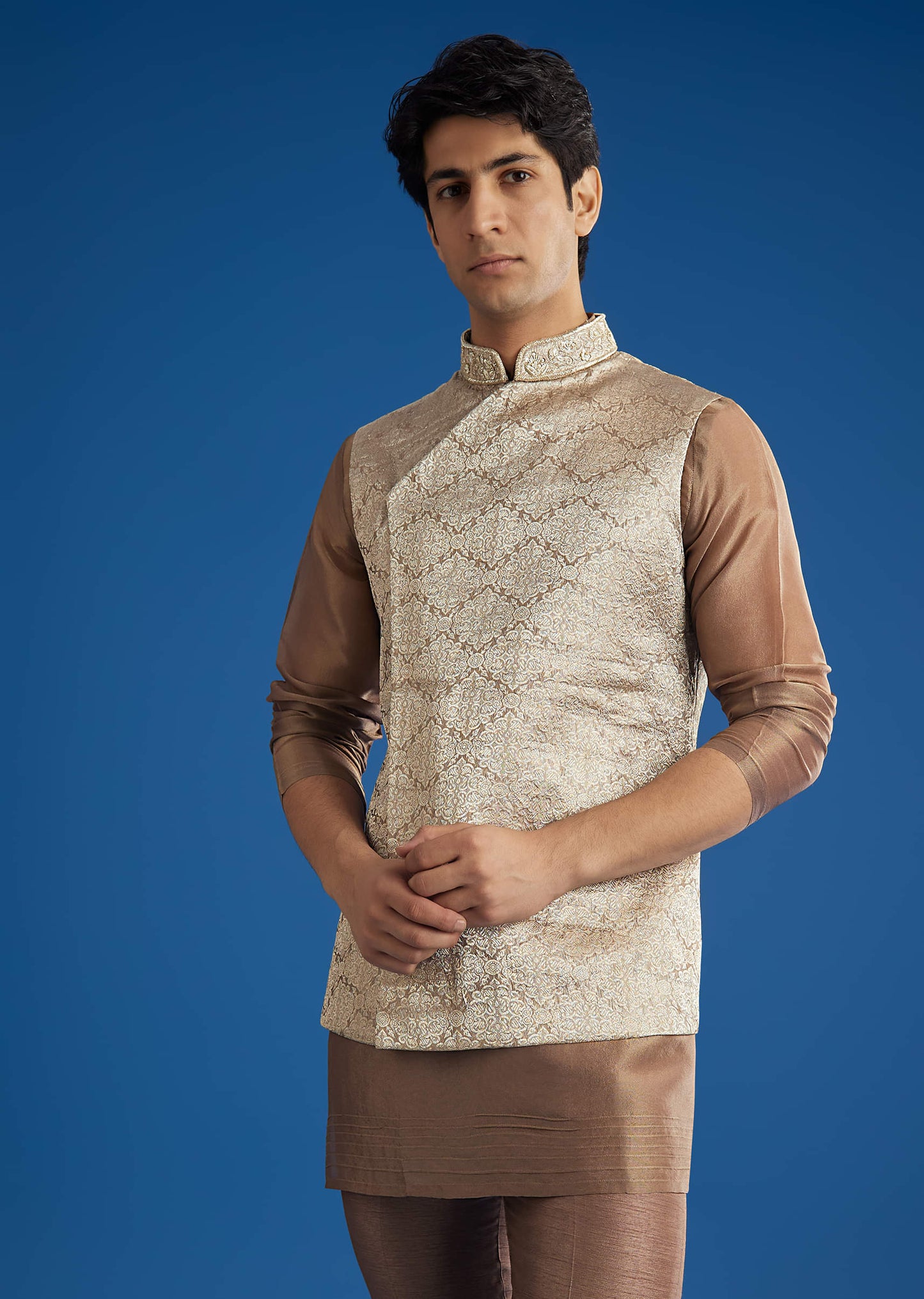 Brown Banarasi Silk Jacket Kurta Set With Cutdana Work