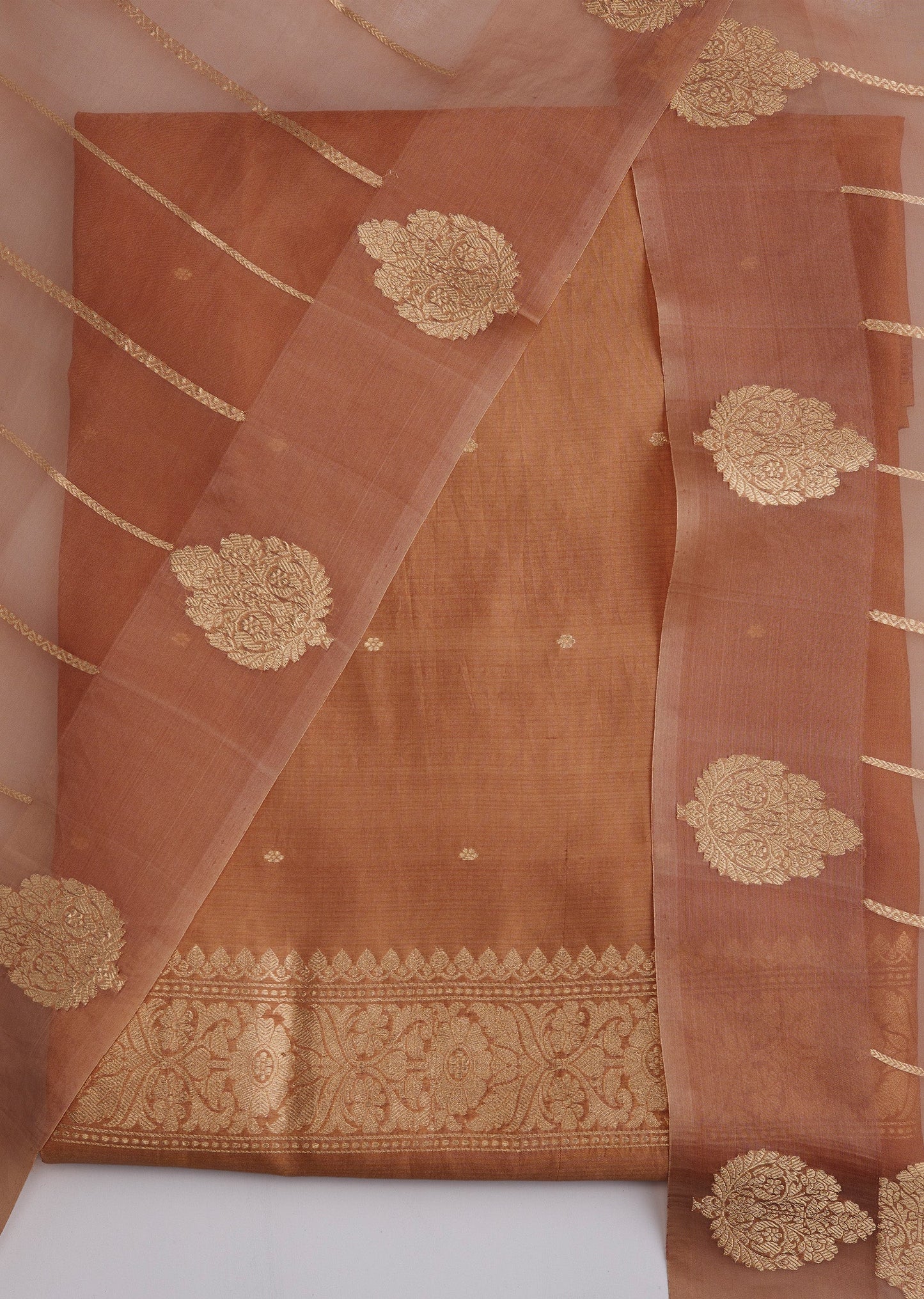 Brown Banarasi Silk Unstitched Suit Set With Dupatta