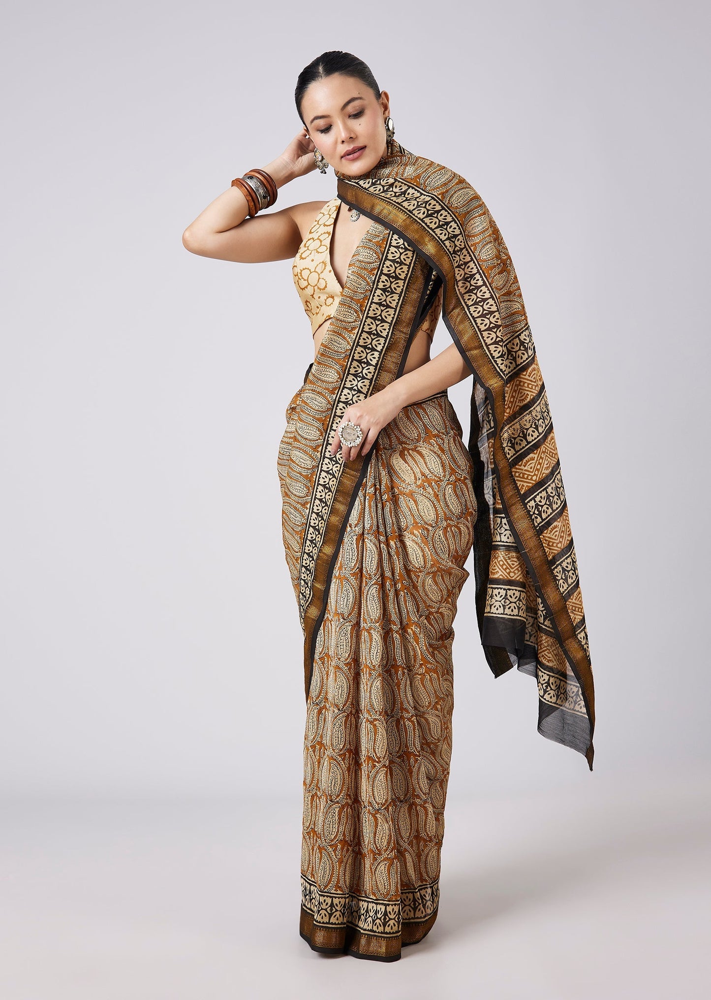 Brown Block Printed Motif Saree with Unstitched Blouse