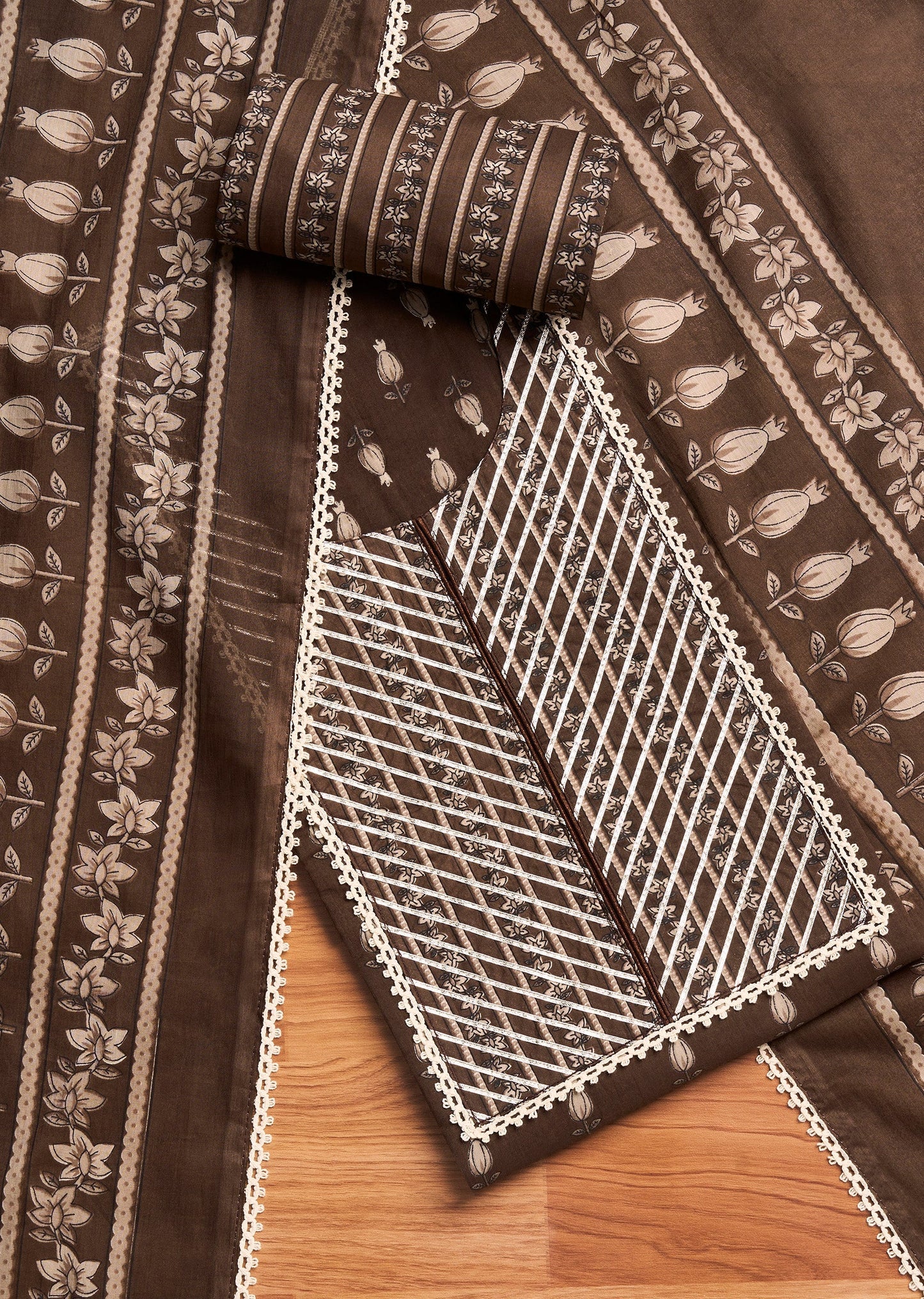 Brown Cotton Printed Unstitched Suit Set With Dupatta