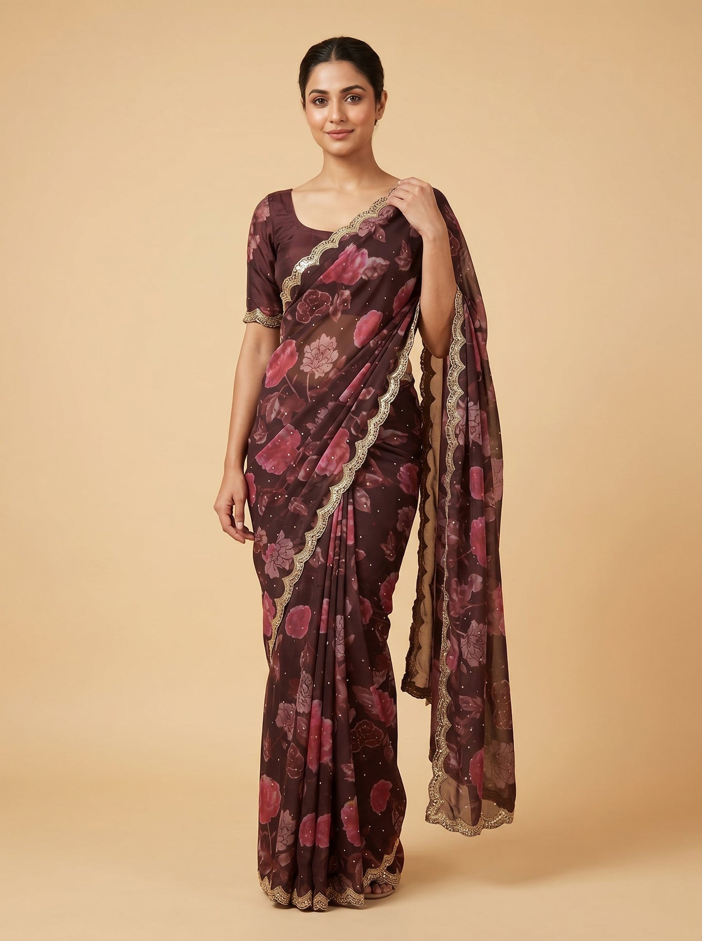 Brown Floral Printed Saree