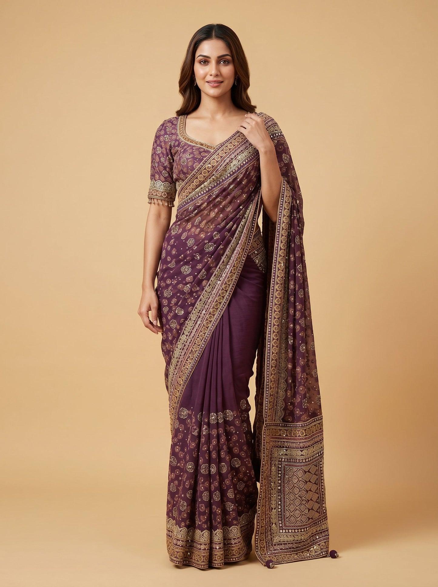 Brown Glow Embroidered Saree