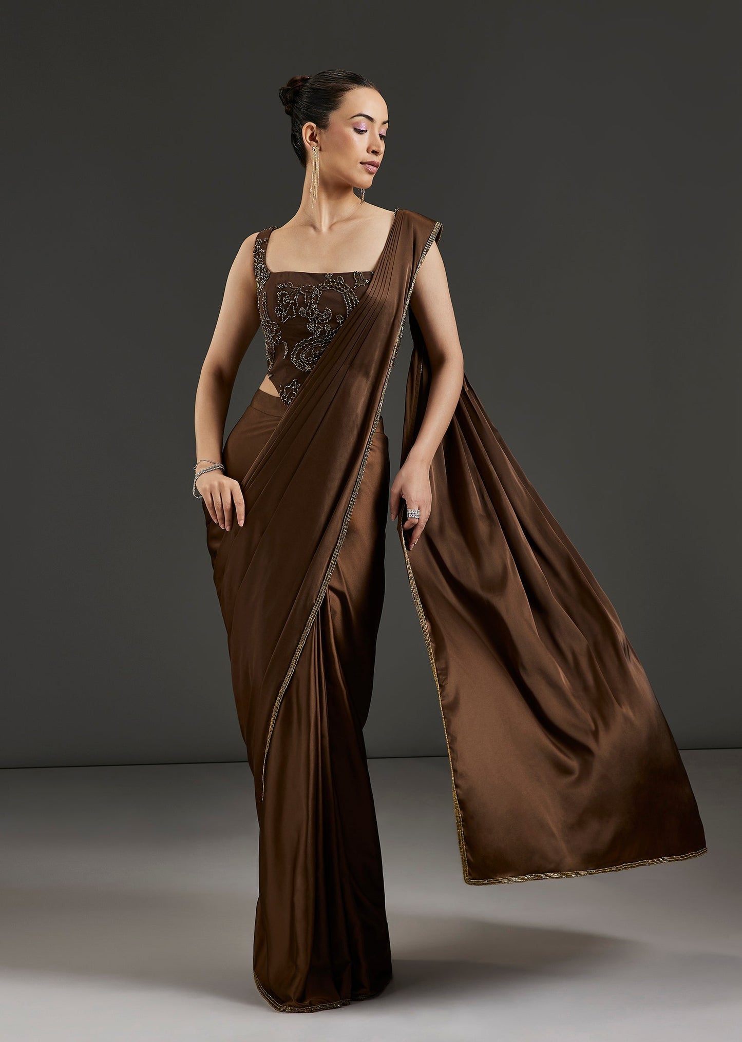 Brown Milano Ready Pleated Saree With Embellished Square Neck Blous
