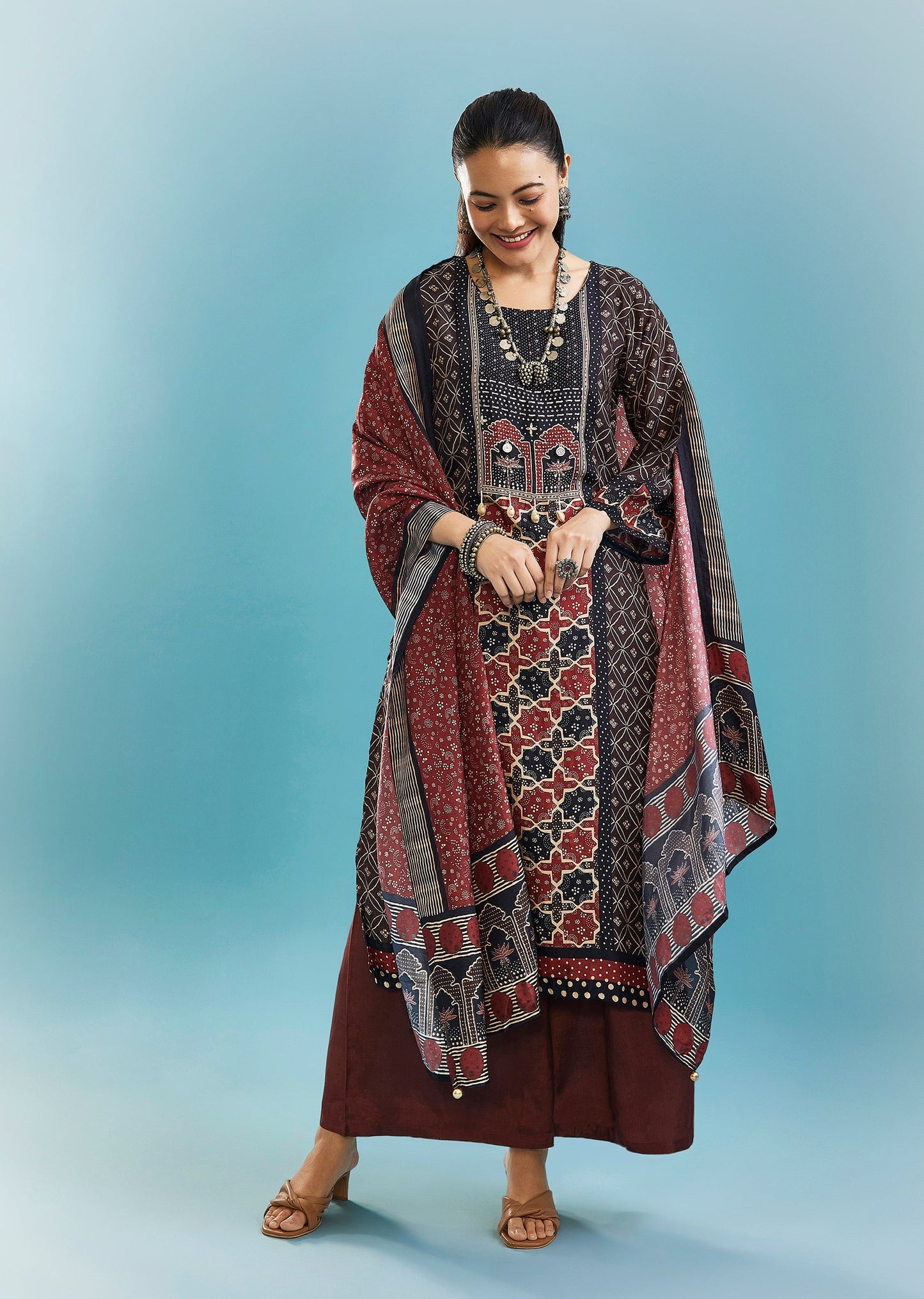 Brown Muslin Palazzo Set With Thread And Bead Work