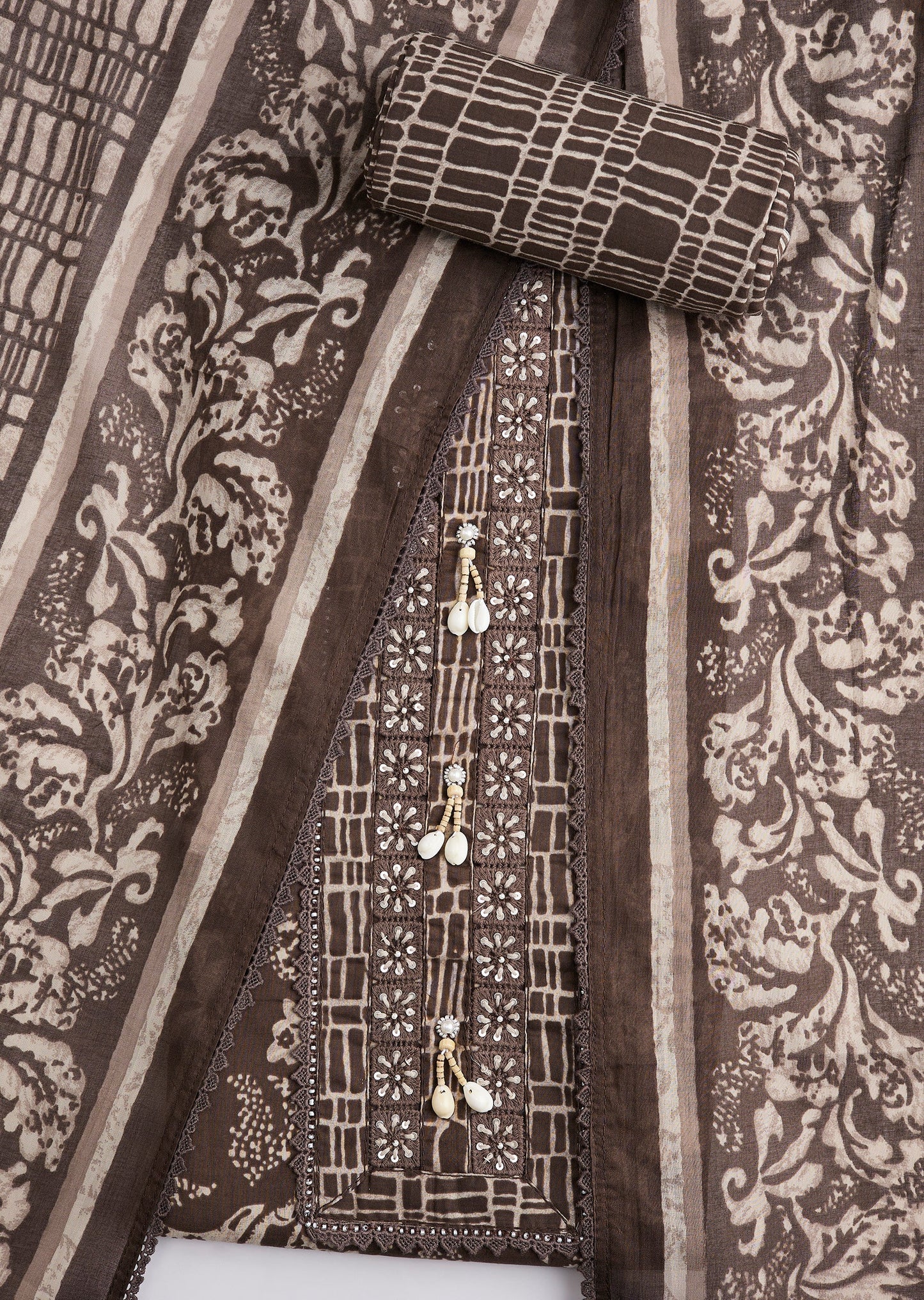 Brown Printed Cotton Unstitched Suit Set With Dupatta