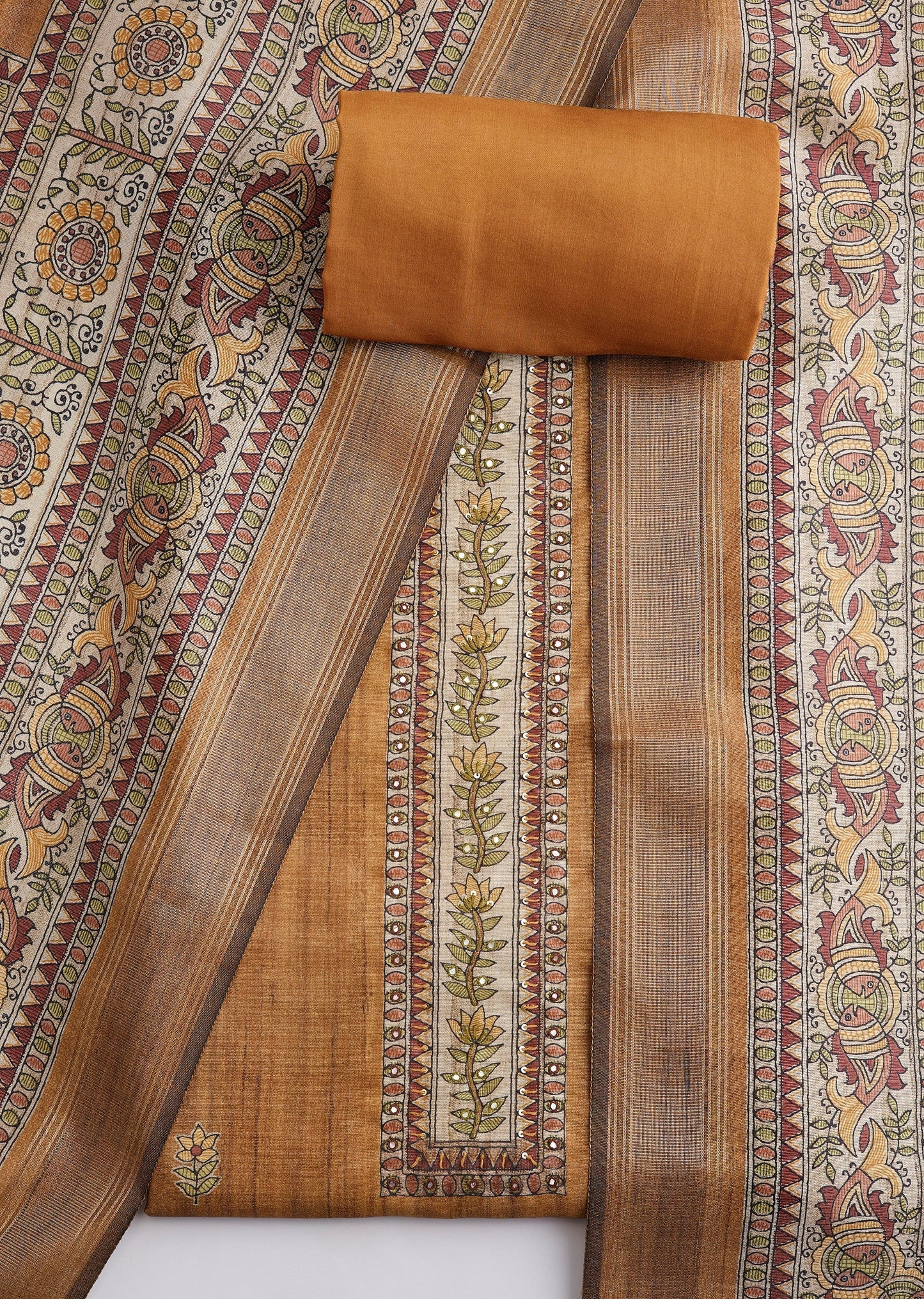 Brown Printed Dola Silk Unstitched Suit Set With Dupatta