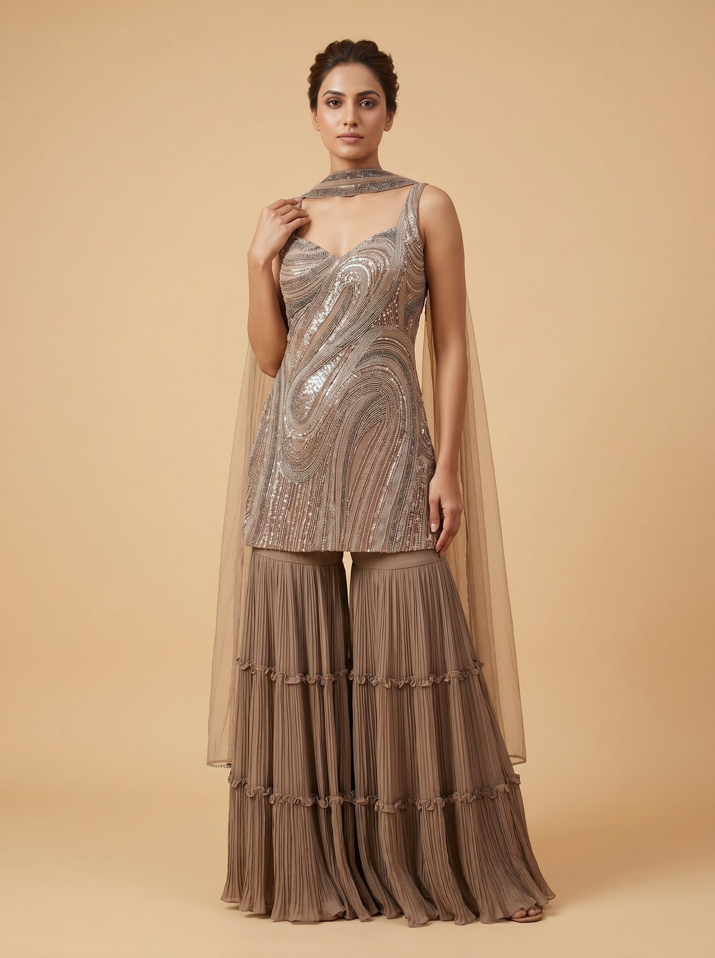 Brown Sequin Net Palazzo Set With Fringe Dupatta