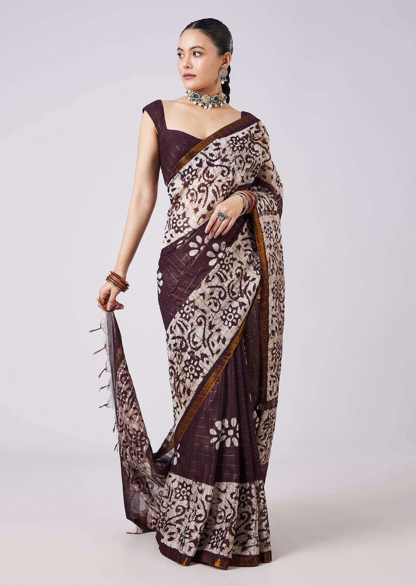 Brown Tassel Block Printed Saree with Unstitched Blouse