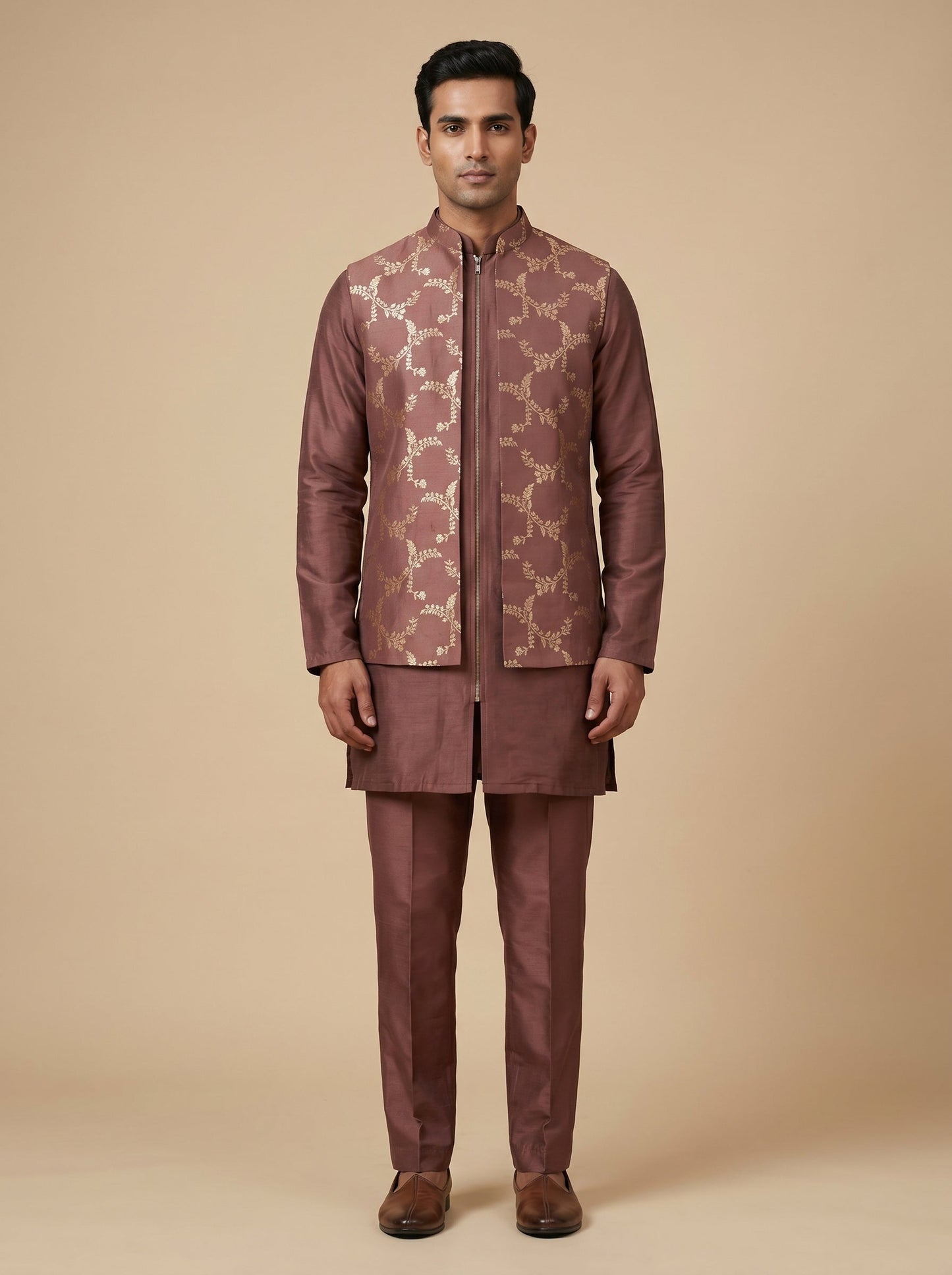 Brown Textured Jacket Kurta Set