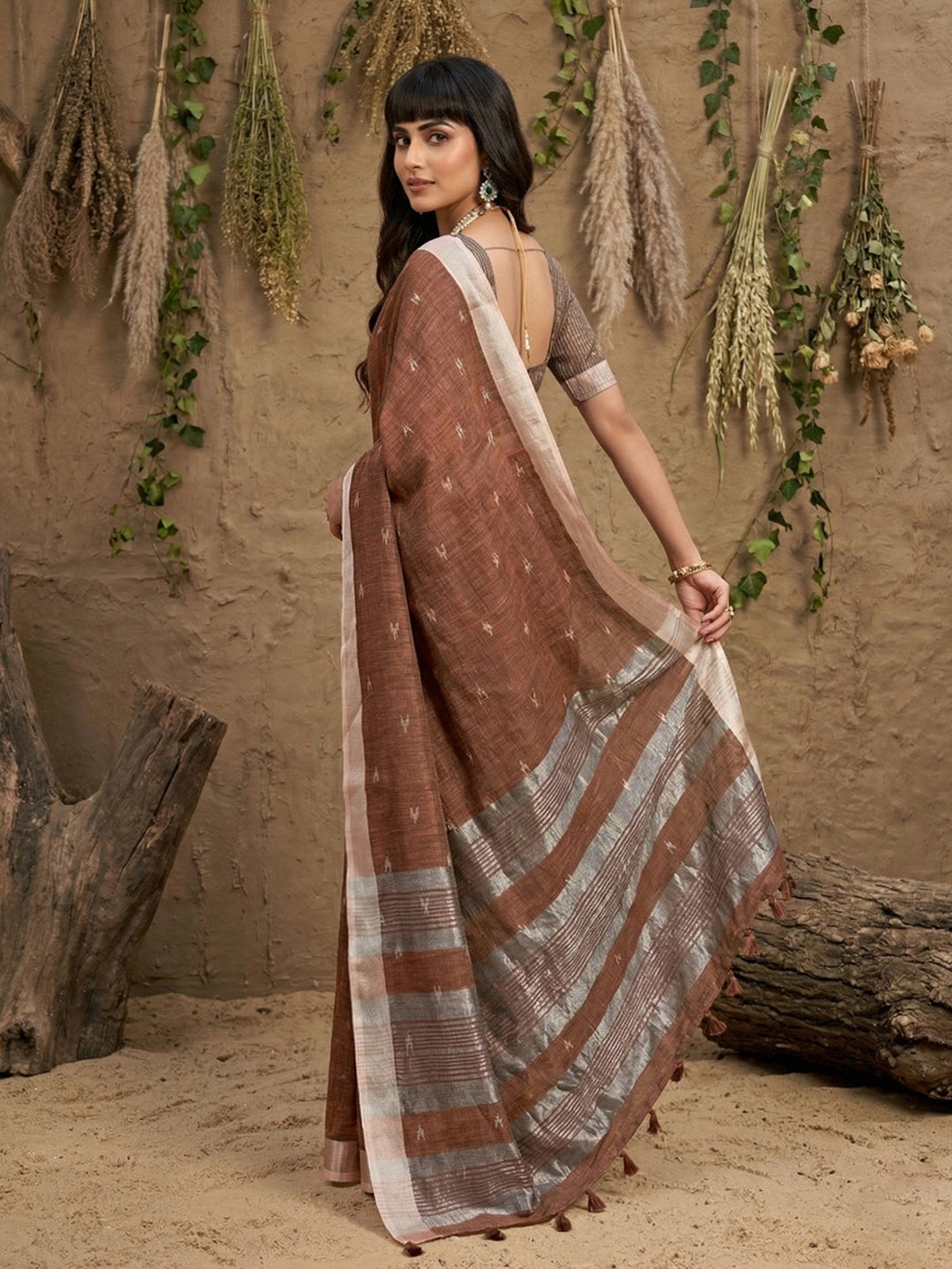 Anaita Brown Linen Cotton Zari Work Saree With Blouse