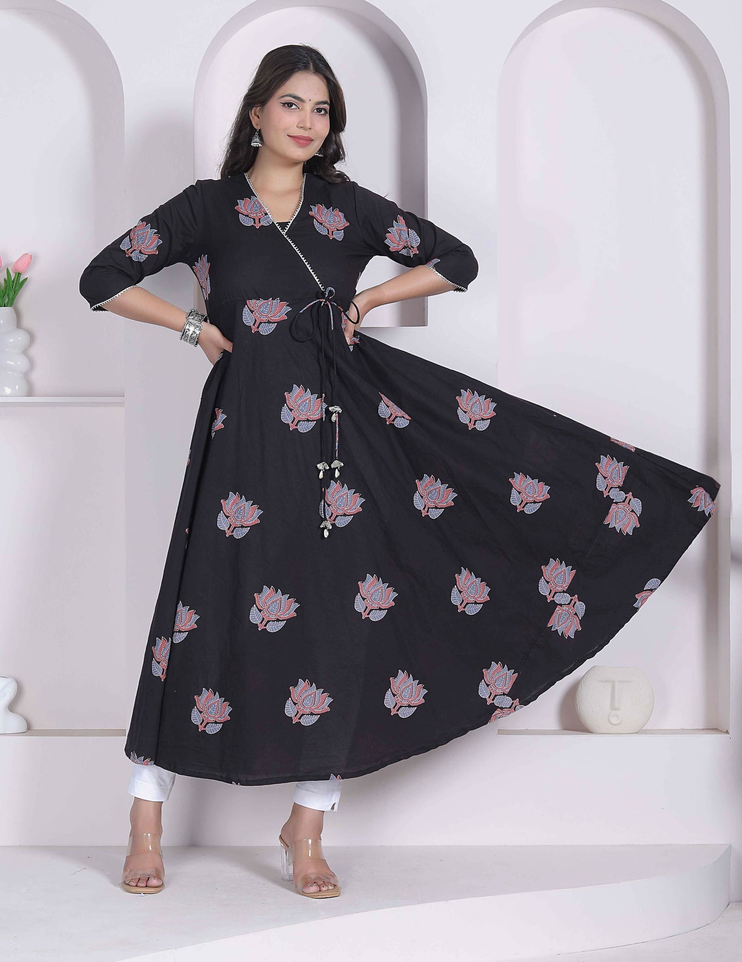 Miravan Womens Cotton Floral Print Anarkali Kurta-Black