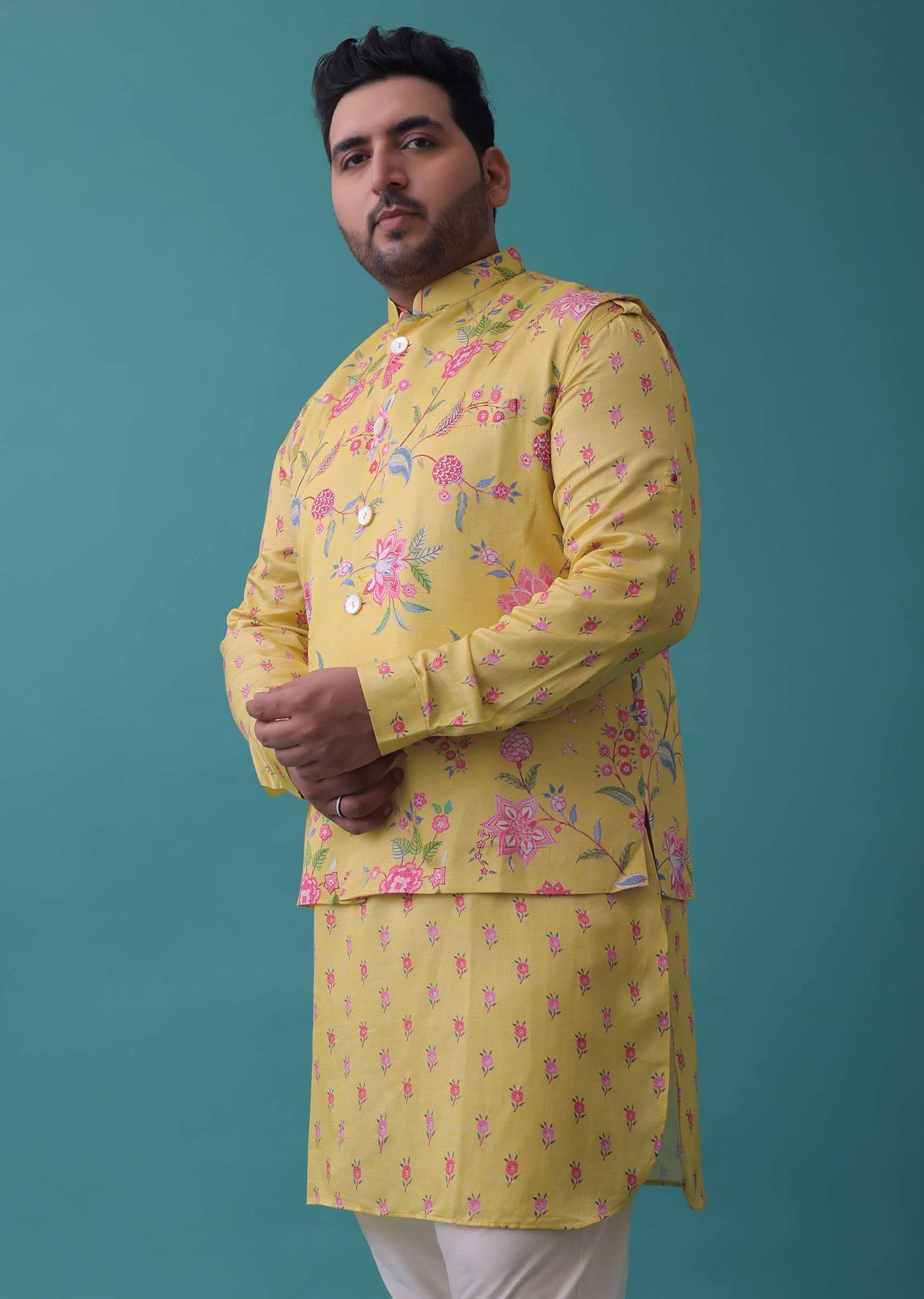 Canary Yellow Silk Jacket Kurta Set With Floral Print
