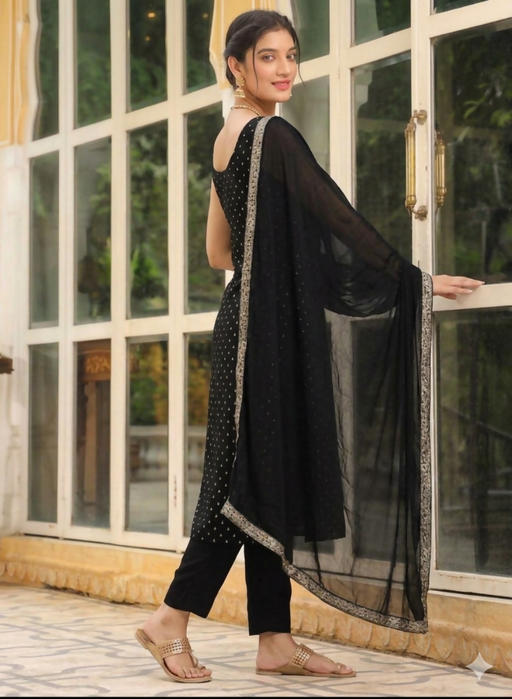 Teeya Creation Womens New Elegant Black Embroidered Kurti with Matching Bottom Set