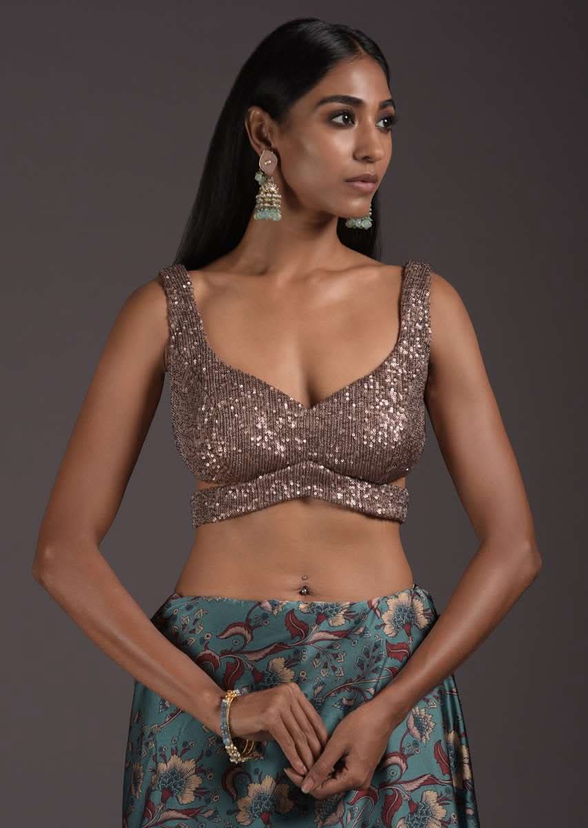 Champagne Gold Sleeveless Blouse Embellished In Sequins With Cutouts On The Sides And Back