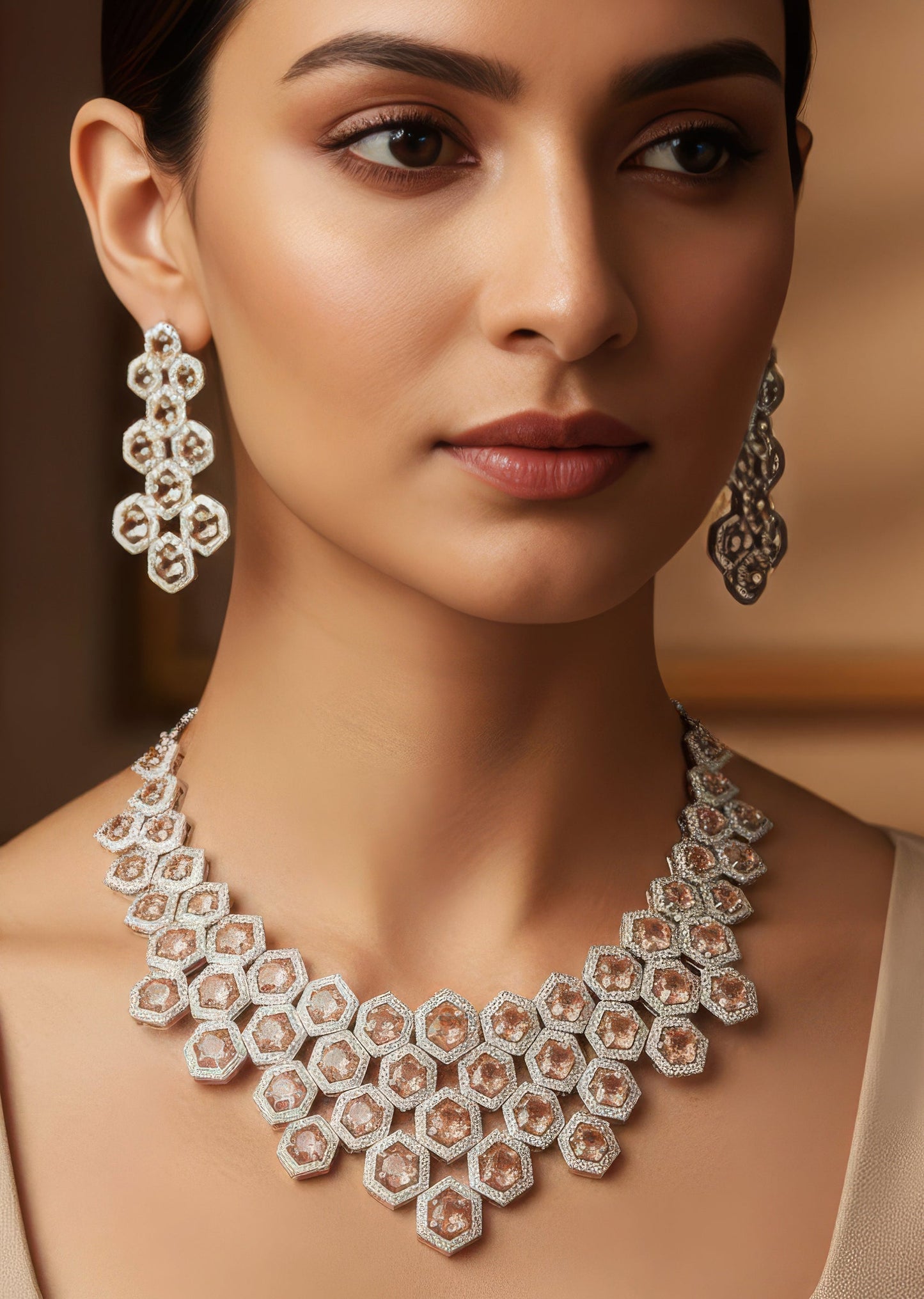 Champagne Rhodium Plated Brass Cz Diamond Necklace Set with Semi Precious Stones